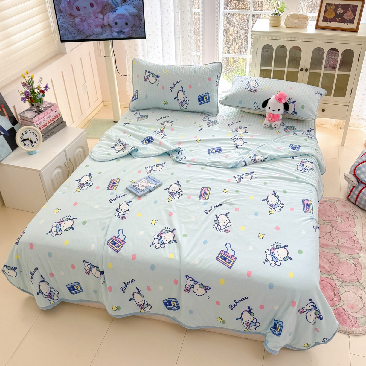 91家纺网 家纺一手货源 找家纺 博雅 2026新款三丽鸥A类仿锦氨组合小冰皮夏被夏凉被空调被凉席席子 小版-音乐帕恰狗