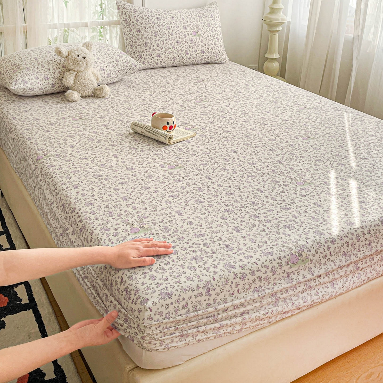 91家纺网 家纺一手货源 找家纺 纽缦家纺 2026新款A类水洗棉学生床笠系列 小兔花漾