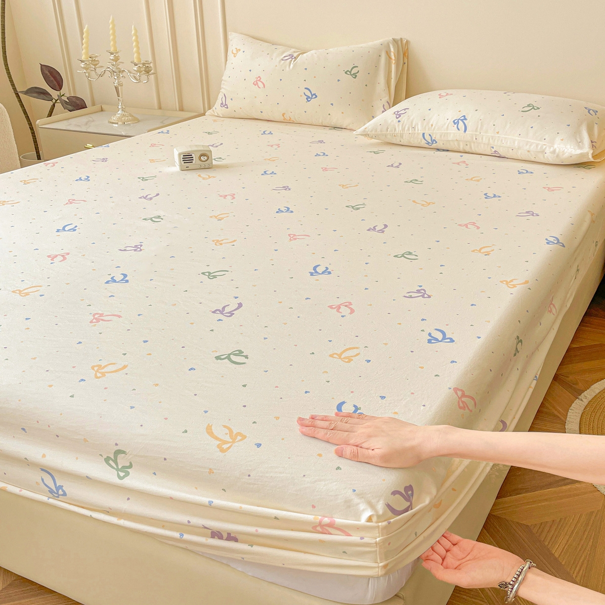 91家纺网 家纺一手货源 找家纺 纽缦家纺 2026新款A类水洗棉学生床笠系列 星梦蝶结