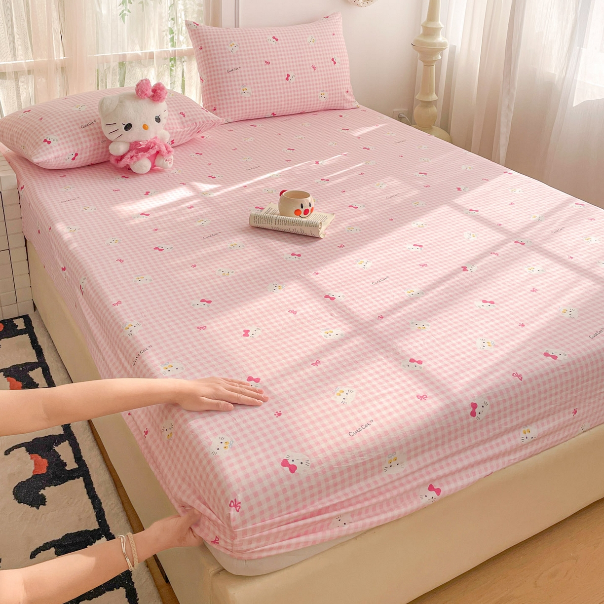 91家纺网 家纺一手货源 找家纺 纽缦家纺 2026新款A类水洗棉学生床笠系列 宅宅猫爪粉