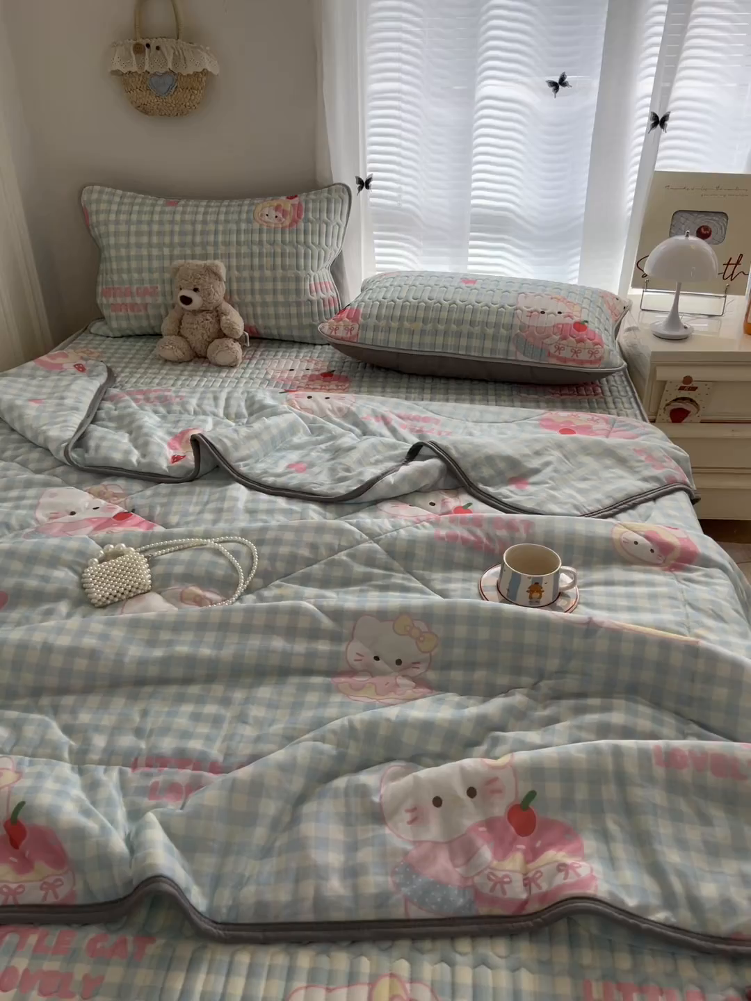 91家纺网 家纺一手货源 找家纺 柒月家居 2026新款小清新床笠款乳胶凉席床笠 床笠-蓝格甜猫