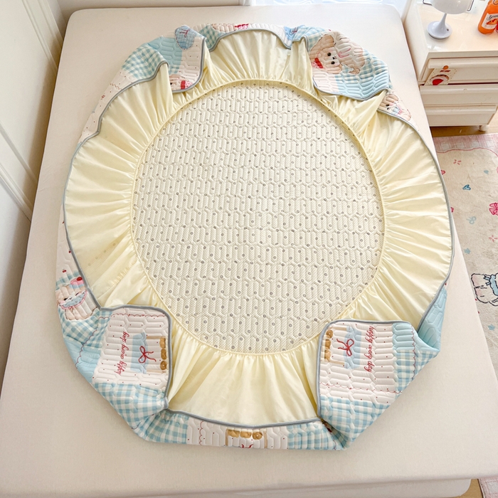 91家纺网 家纺一手货源 找家纺 柒月家居 2026新款小清新床笠款乳胶凉席床笠 床笠-蓝块汪仔