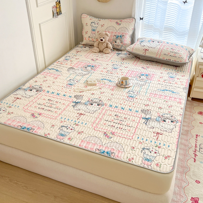 91家纺网 家纺一手货源 找家纺 柒月家居 2026新款小清新床笠款乳胶凉席床笠 床笠-奶盖猫咪