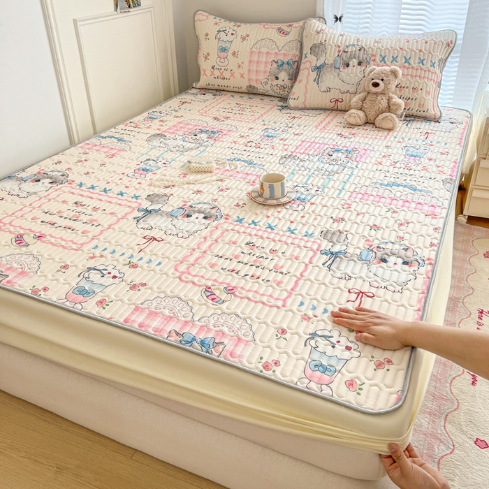 91家纺网 家纺一手货源 找家纺 柒月家居 2026新款小清新床笠款乳胶凉席床笠 床笠-奶盖猫咪