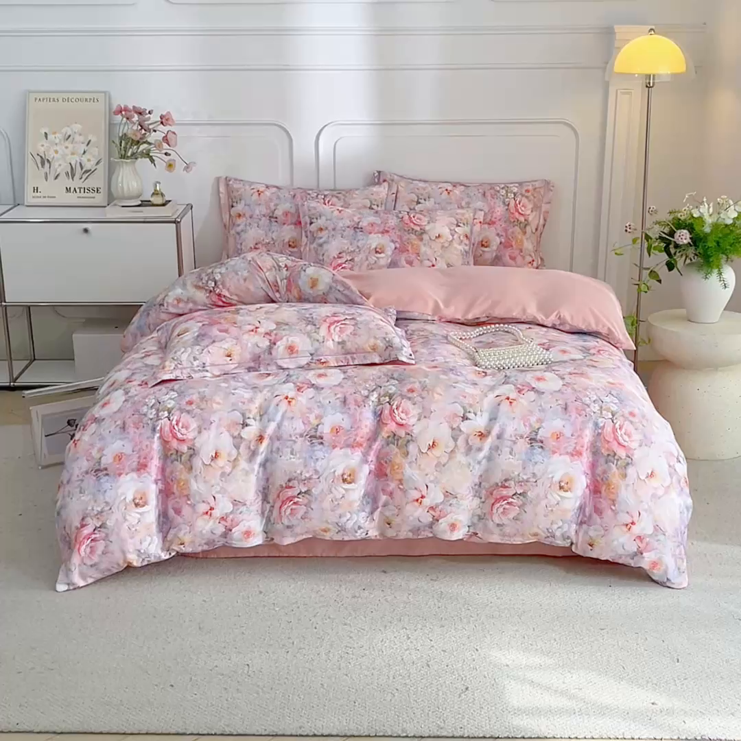 91家纺网 家纺一手货源 找家纺 （总）锦彩家居 2026新款全棉纯棉印花60支贡缎新疆长绒棉四件套-山月记系列