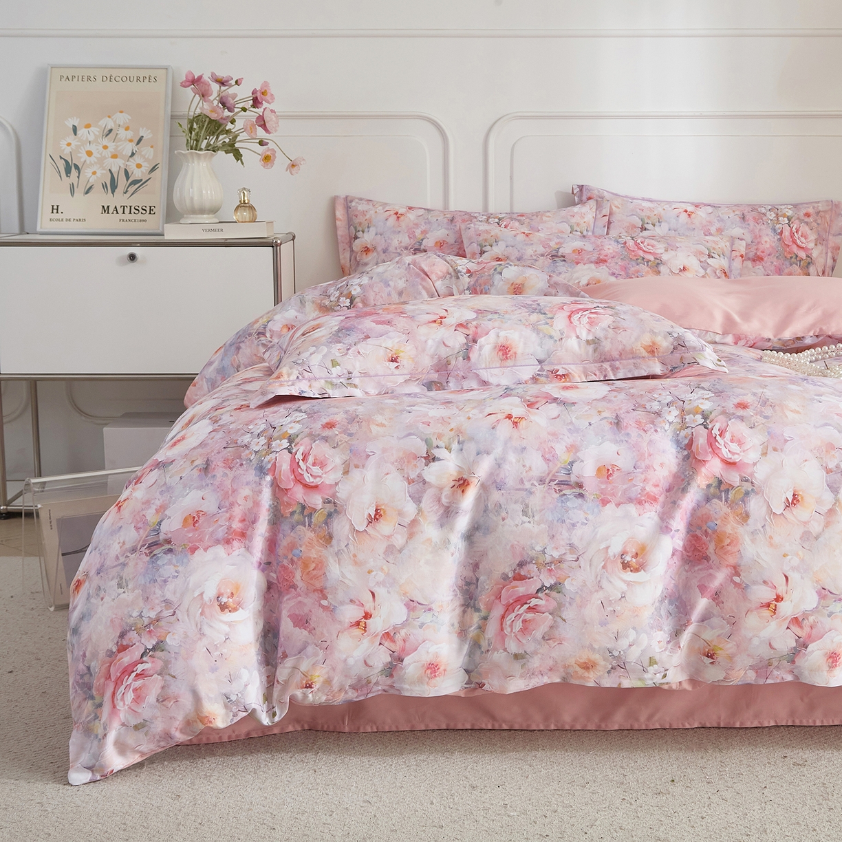 91家纺网 家纺一手货源 找家纺 锦彩家居 2026新款全棉纯棉印花60支贡缎新疆长绒棉四件套-山月记系列 春归