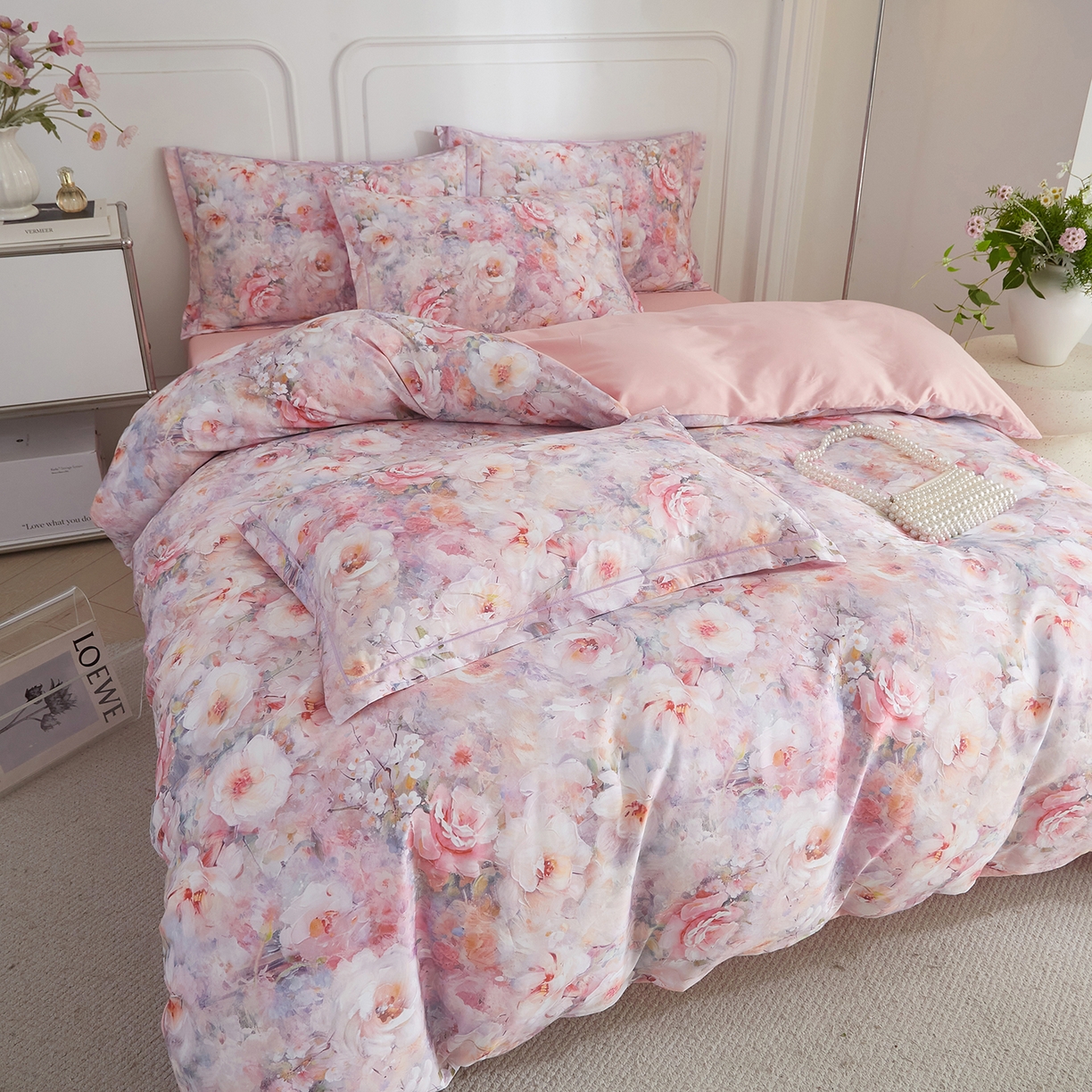 91家纺网 家纺一手货源 找家纺 锦彩家居 2026新款全棉纯棉印花60支贡缎新疆长绒棉四件套-山月记系列 春归