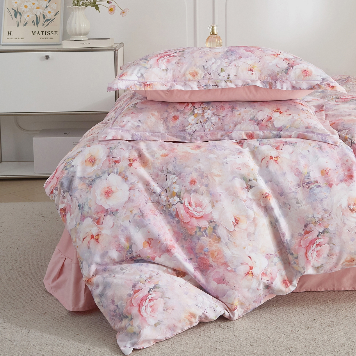 91家纺网 家纺一手货源 找家纺 锦彩家居 2026新款全棉纯棉印花60支贡缎新疆长绒棉四件套-山月记系列 春归