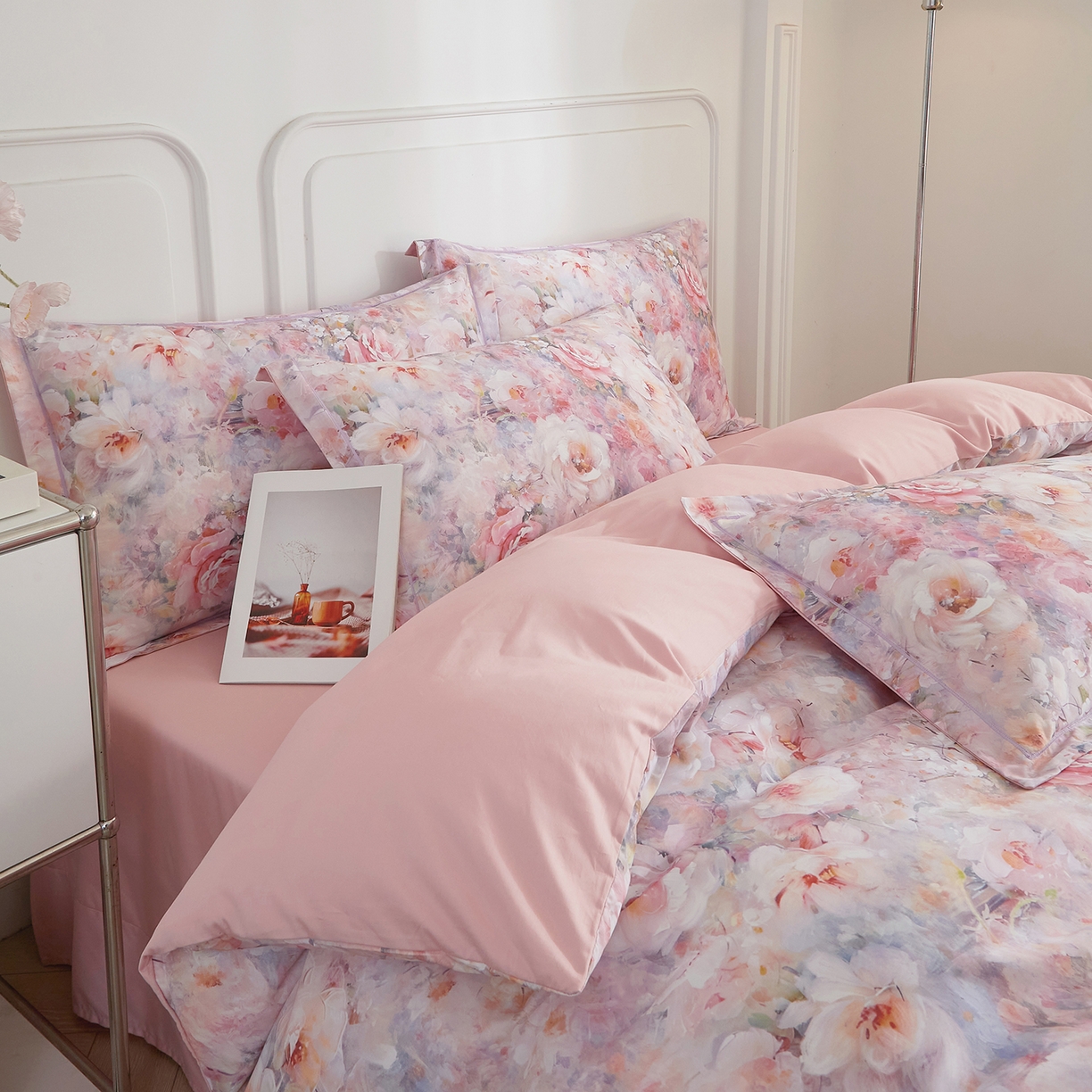 91家纺网 家纺一手货源 找家纺 锦彩家居 2026新款全棉纯棉印花60支贡缎新疆长绒棉四件套-山月记系列 春归