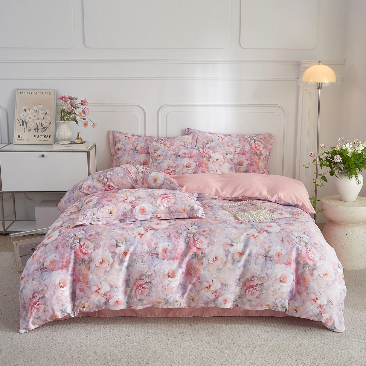 91家纺网 家纺一手货源 找家纺 锦彩家居 2026新款全棉纯棉印花60支贡缎新疆长绒棉四件套-山月记系列 春归