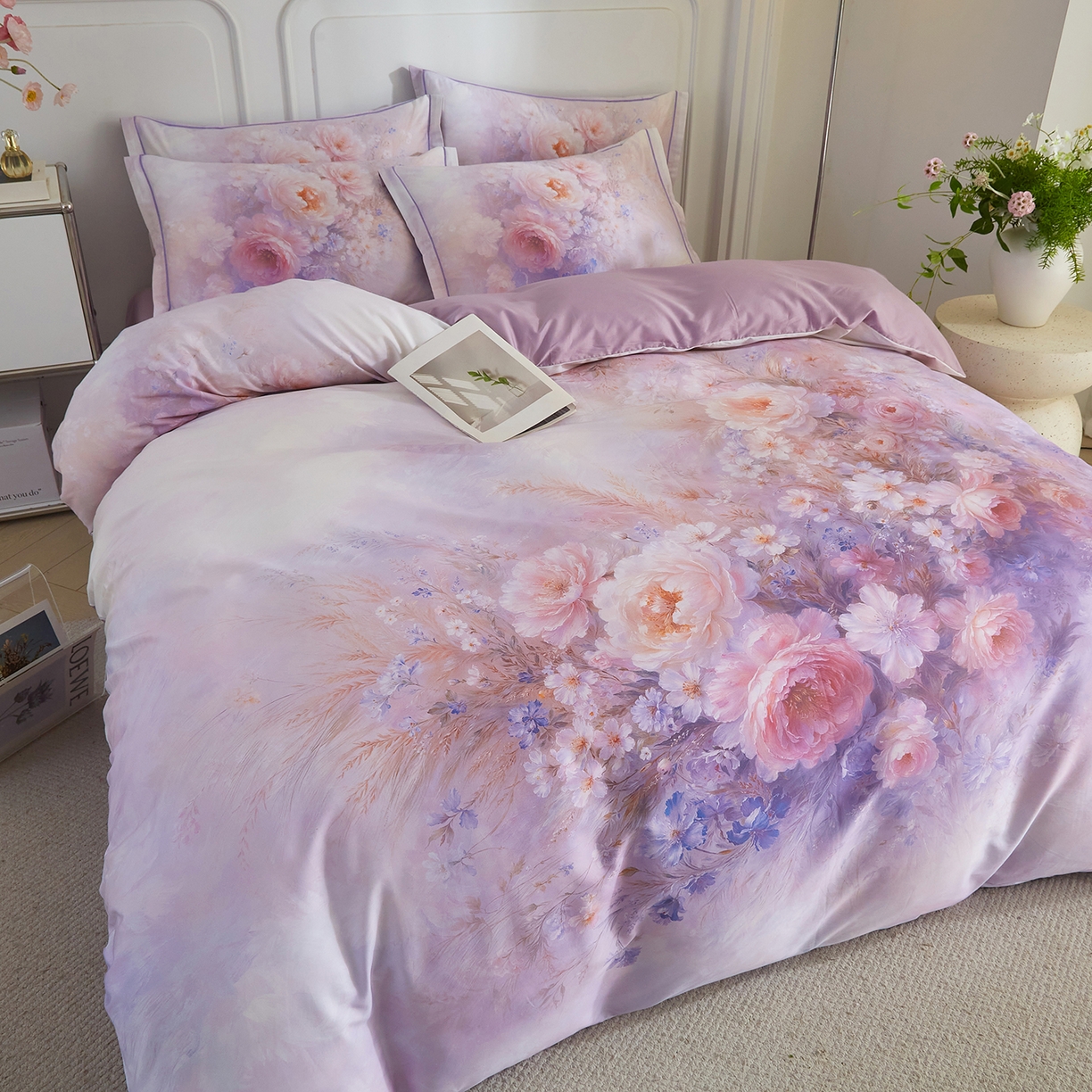 91家纺网 家纺一手货源 找家纺 锦彩家居 2026新款全棉纯棉印花60支贡缎新疆长绒棉四件套-山月记系列 芳菲