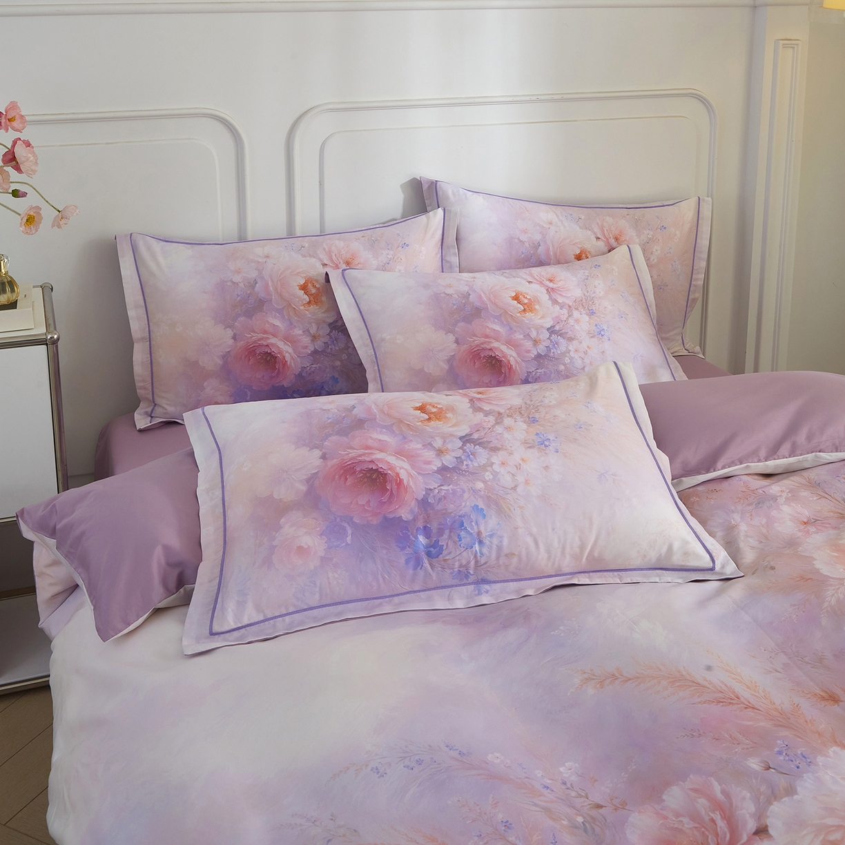 91家纺网 家纺一手货源 找家纺 锦彩家居 2026新款全棉纯棉印花60支贡缎新疆长绒棉四件套-山月记系列 芳菲