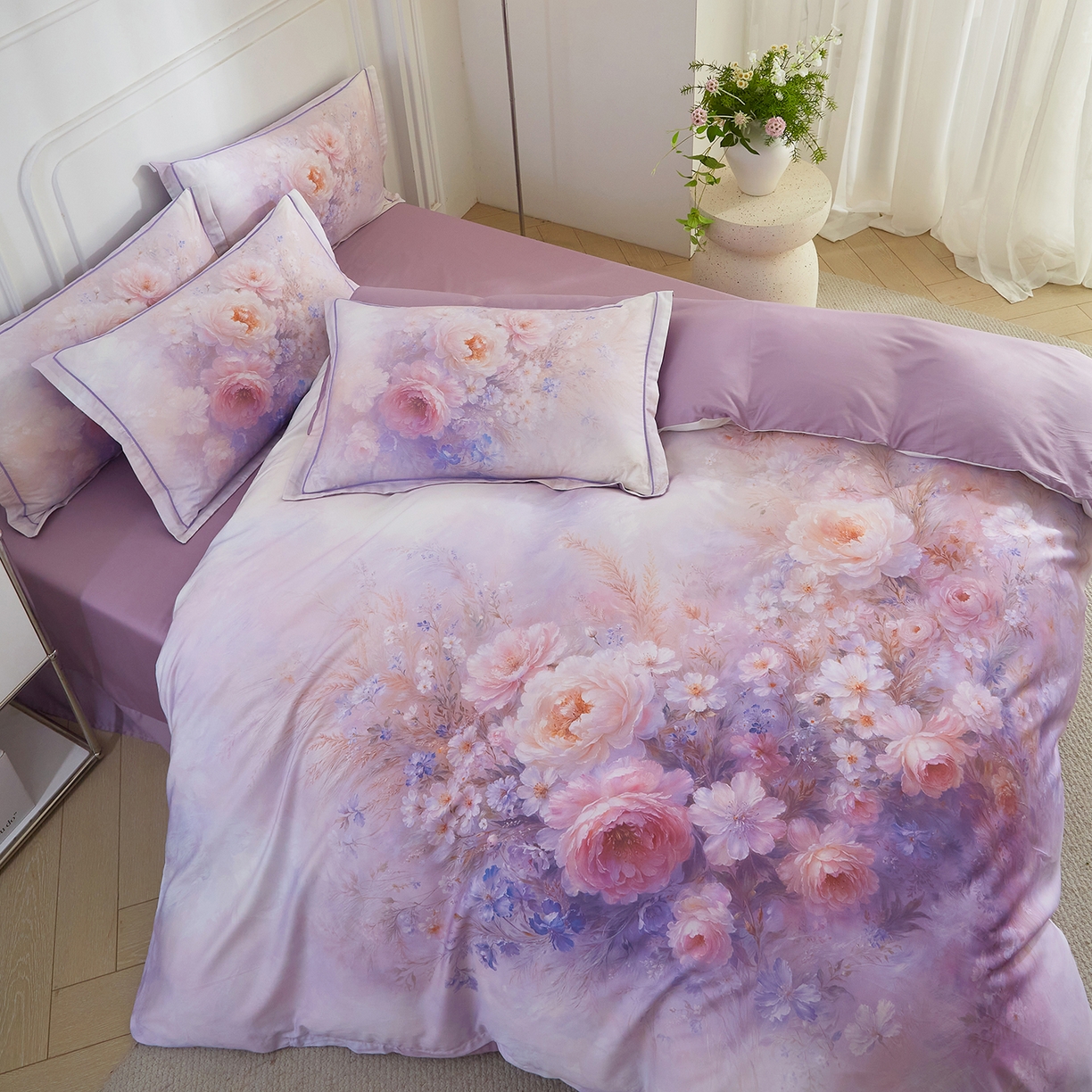 91家纺网 家纺一手货源 找家纺 锦彩家居 2026新款全棉纯棉印花60支贡缎新疆长绒棉四件套-山月记系列 芳菲