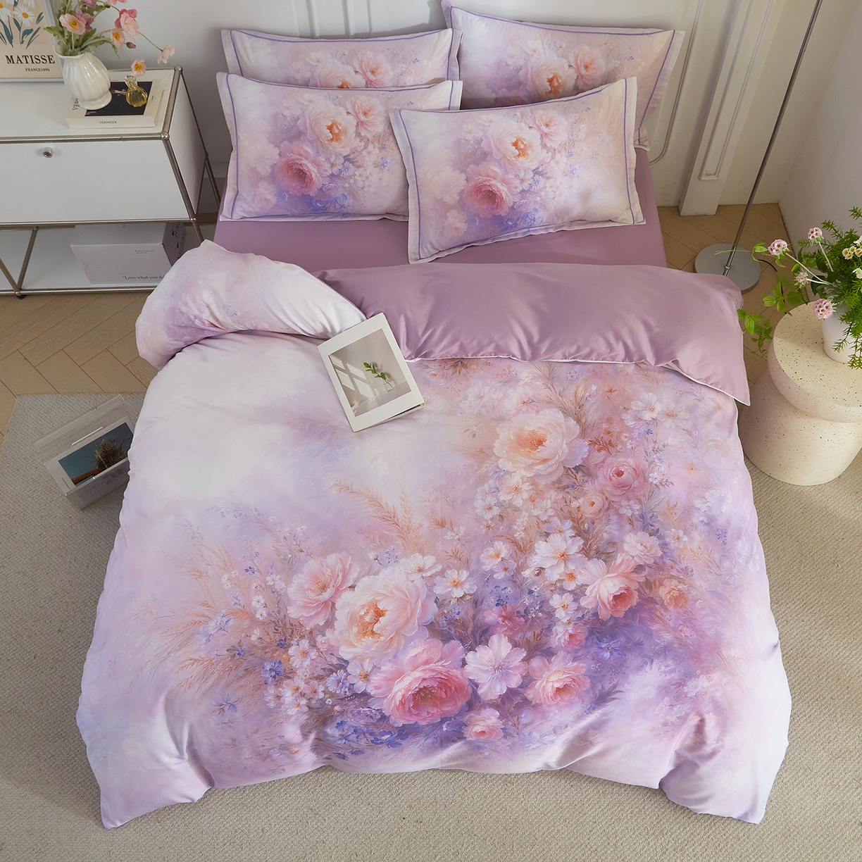 91家纺网 家纺一手货源 找家纺 锦彩家居 2026新款全棉纯棉印花60支贡缎新疆长绒棉四件套-山月记系列 芳菲