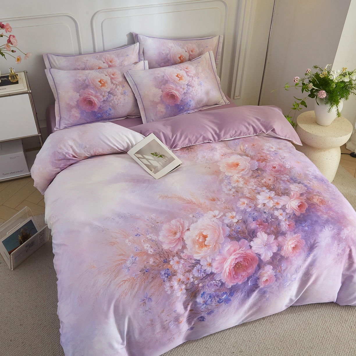 91家纺网 家纺一手货源 找家纺 锦彩家居 2026新款全棉纯棉印花60支贡缎新疆长绒棉四件套-山月记系列 芳菲