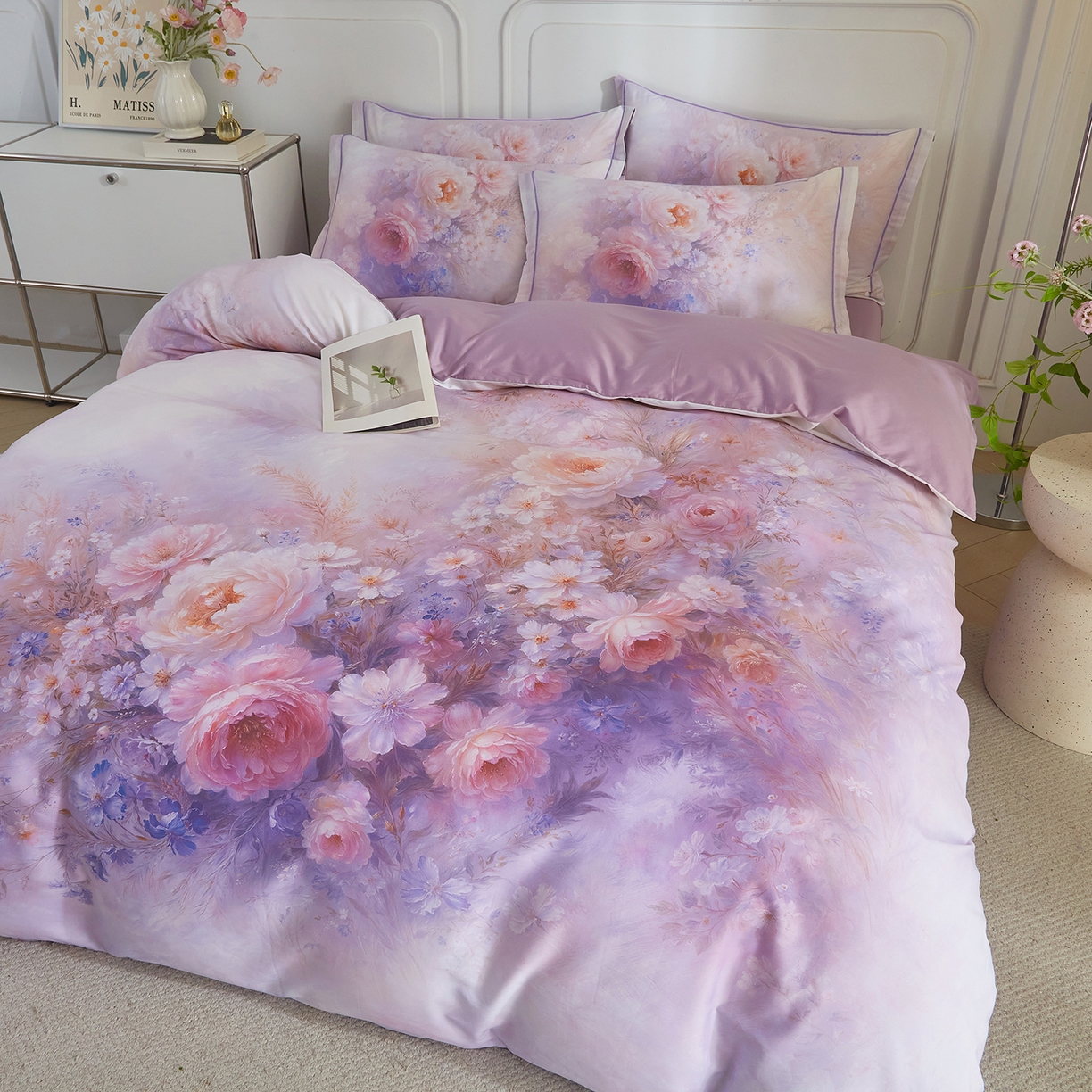 91家纺网 家纺一手货源 找家纺 锦彩家居 2026新款全棉纯棉印花60支贡缎新疆长绒棉四件套-山月记系列 芳菲