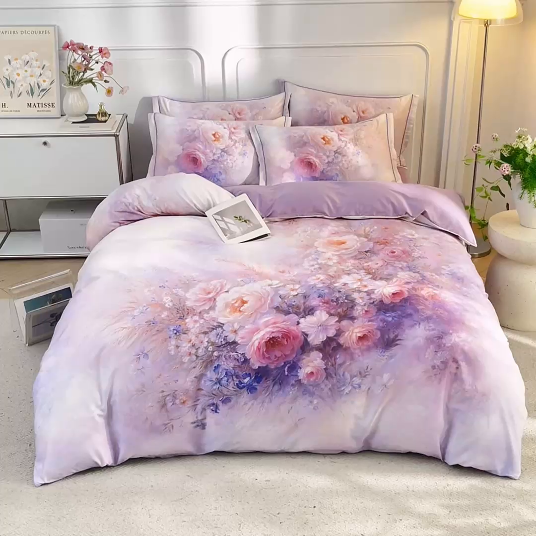 91家纺网 家纺一手货源 找家纺 锦彩家居 2026新款全棉纯棉印花60支贡缎新疆长绒棉四件套-山月记系列 芳菲