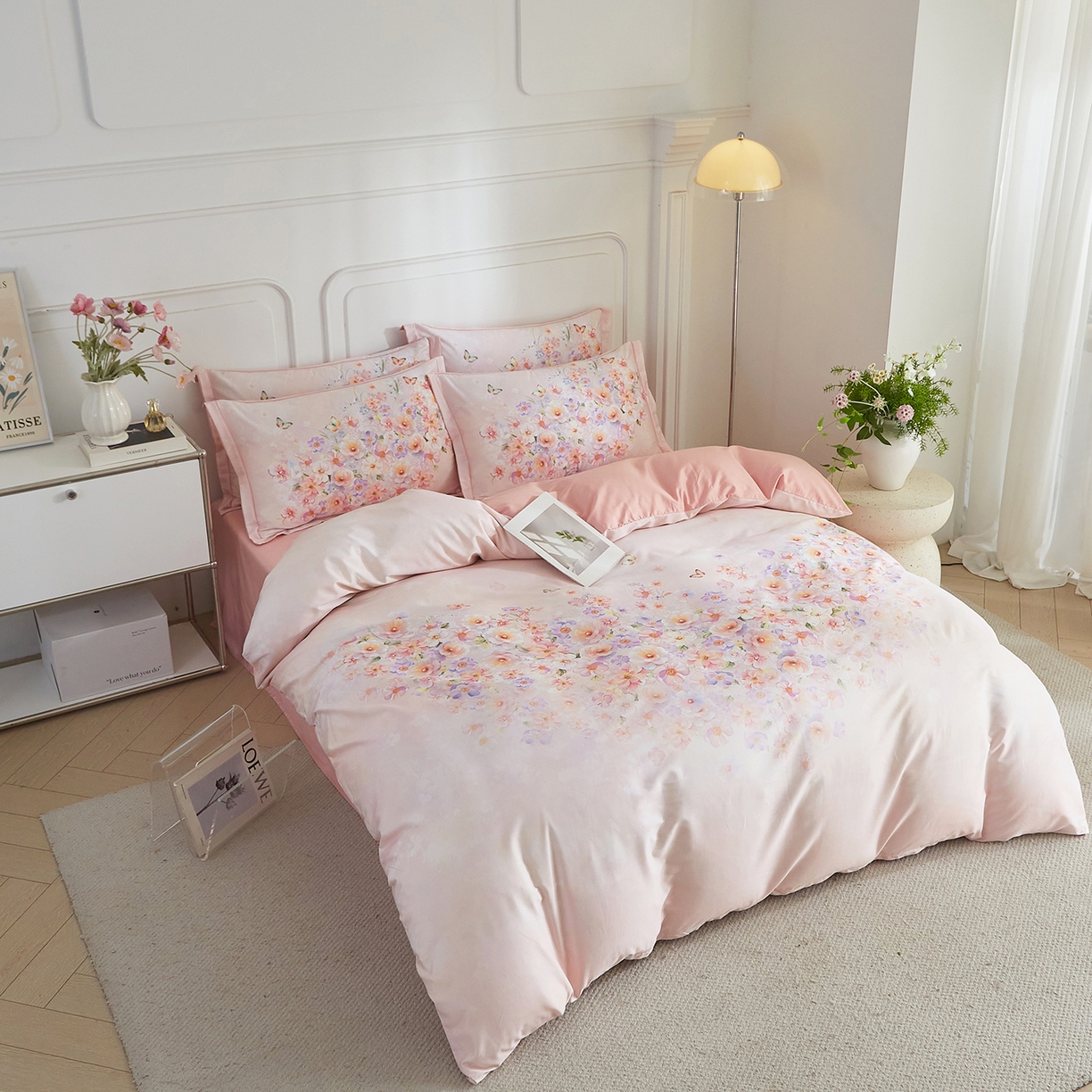 91家纺网 家纺一手货源 找家纺 锦彩家居 2026新款全棉纯棉印花60支贡缎新疆长绒棉四件套-山月记系列 芳序