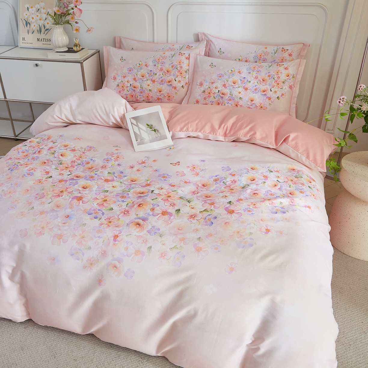 91家纺网 家纺一手货源 找家纺 锦彩家居 2026新款全棉纯棉印花60支贡缎新疆长绒棉四件套-山月记系列 芳序