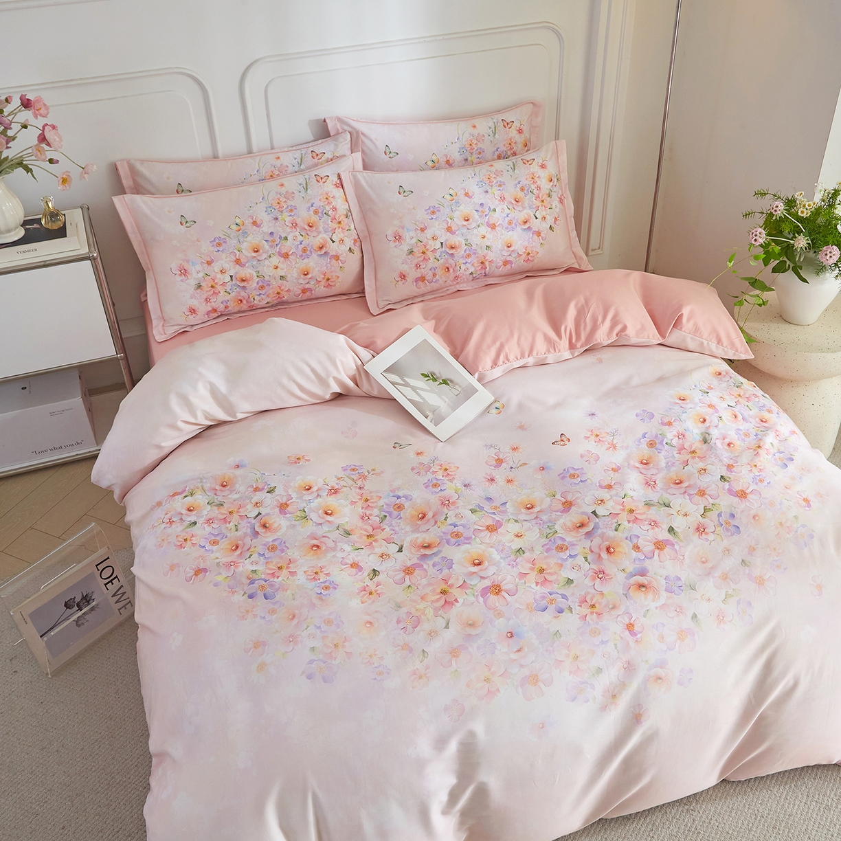 91家纺网 家纺一手货源 找家纺 锦彩家居 2026新款全棉纯棉印花60支贡缎新疆长绒棉四件套-山月记系列 芳序