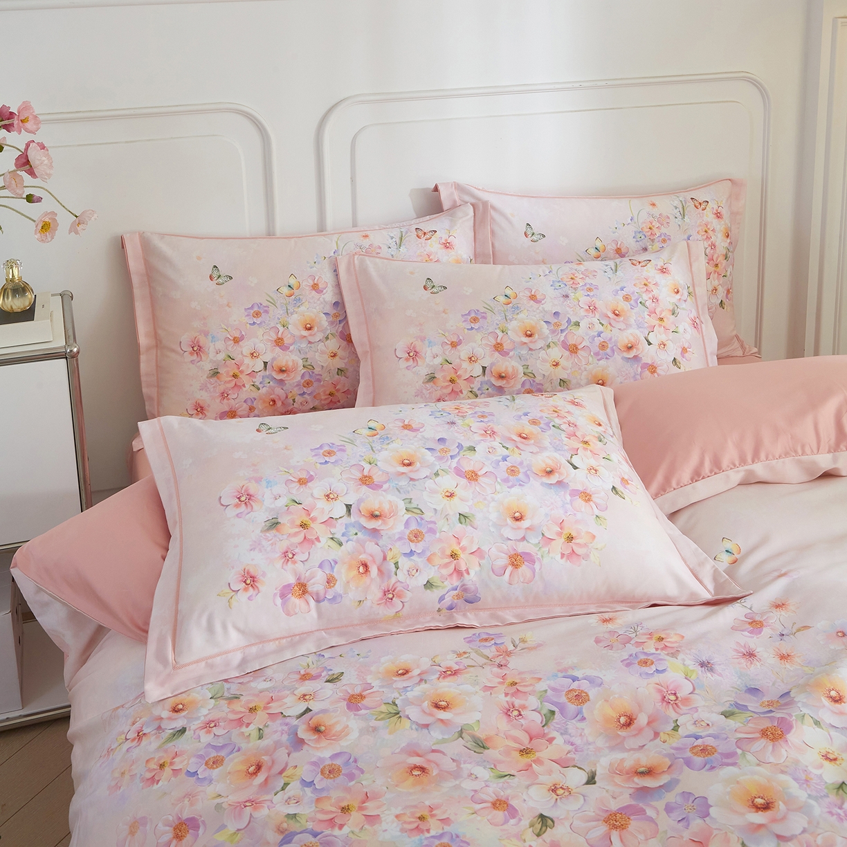 91家纺网 家纺一手货源 找家纺 锦彩家居 2026新款全棉纯棉印花60支贡缎新疆长绒棉四件套-山月记系列 芳序