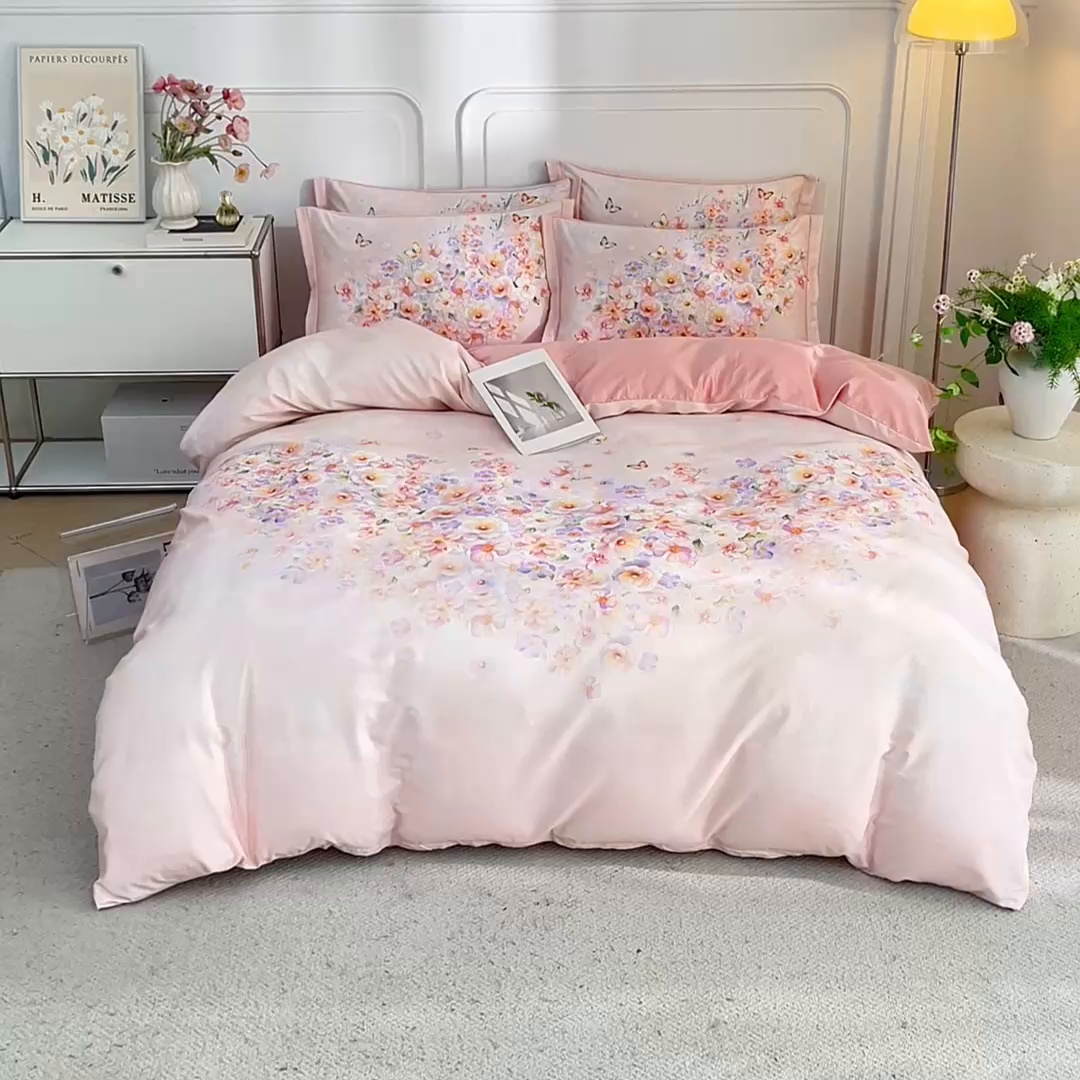 91家纺网 家纺一手货源 找家纺 锦彩家居 2026新款全棉纯棉印花60支贡缎新疆长绒棉四件套-山月记系列 芳序