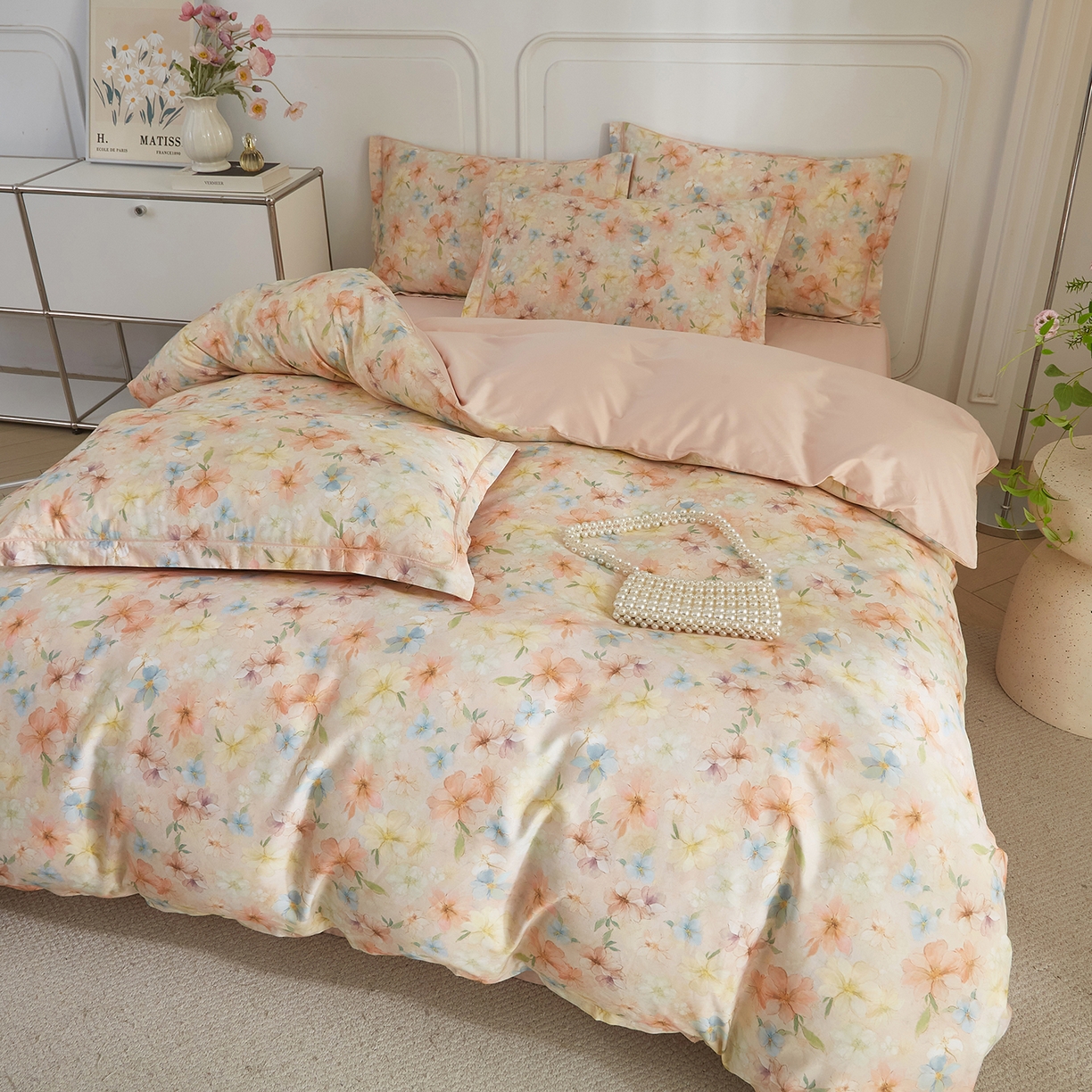 91家纺网 家纺一手货源 找家纺 锦彩家居 2026新款全棉纯棉印花60支贡缎新疆长绒棉四件套-山月记系列 风禾