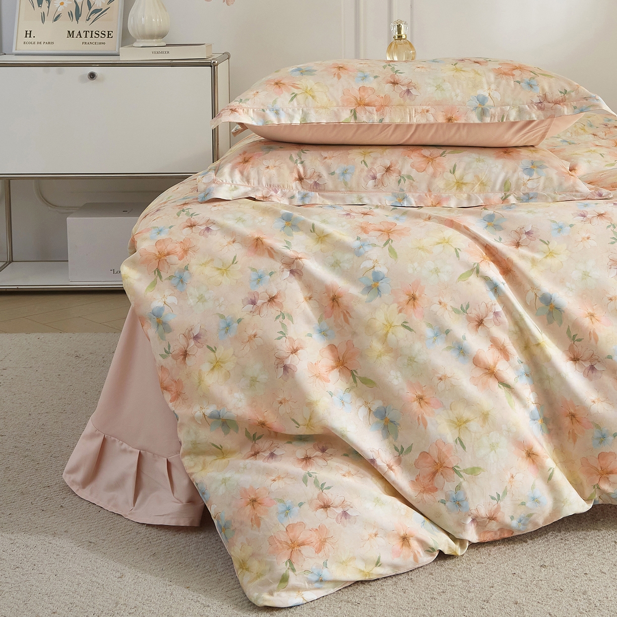 91家纺网 家纺一手货源 找家纺 锦彩家居 2026新款全棉纯棉印花60支贡缎新疆长绒棉四件套-山月记系列 风禾