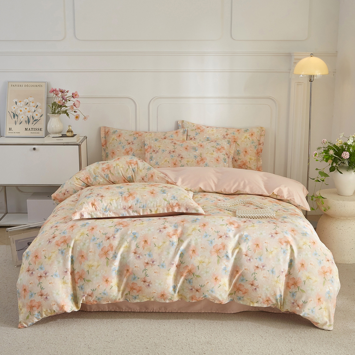 91家纺网 家纺一手货源 找家纺 锦彩家居 2026新款全棉纯棉印花60支贡缎新疆长绒棉四件套-山月记系列 风禾