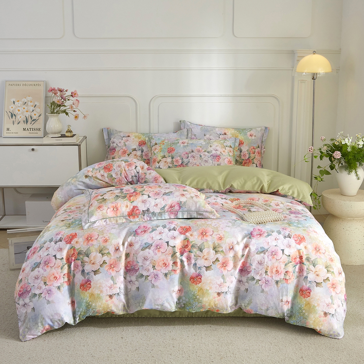 91家纺网 家纺一手货源 找家纺 锦彩家居 2026新款全棉纯棉印花60支贡缎新疆长绒棉四件套-山月记系列 绿笙