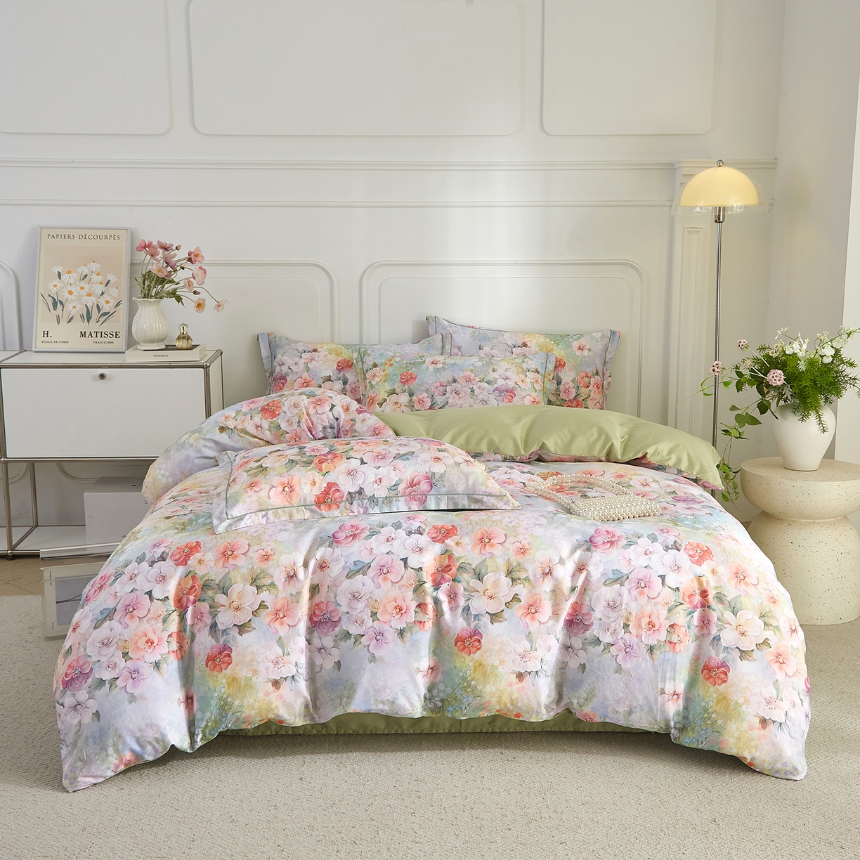 91家纺网 家纺一手货源 找家纺 锦彩家居 2026新款全棉纯棉印花60支贡缎新疆长绒棉四件套-山月记系列 绿笙