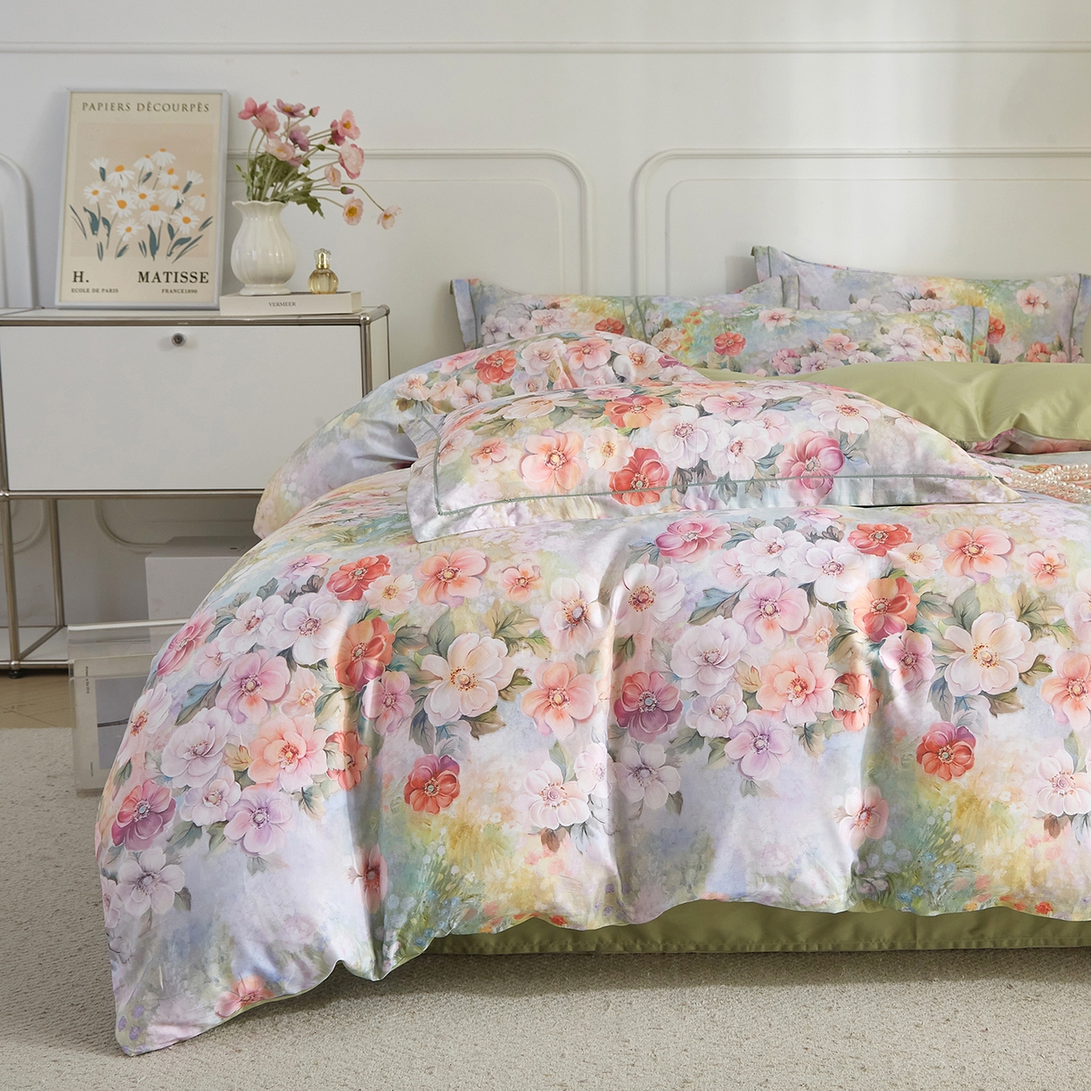 91家纺网 家纺一手货源 找家纺 锦彩家居 2026新款全棉纯棉印花60支贡缎新疆长绒棉四件套-山月记系列 绿笙