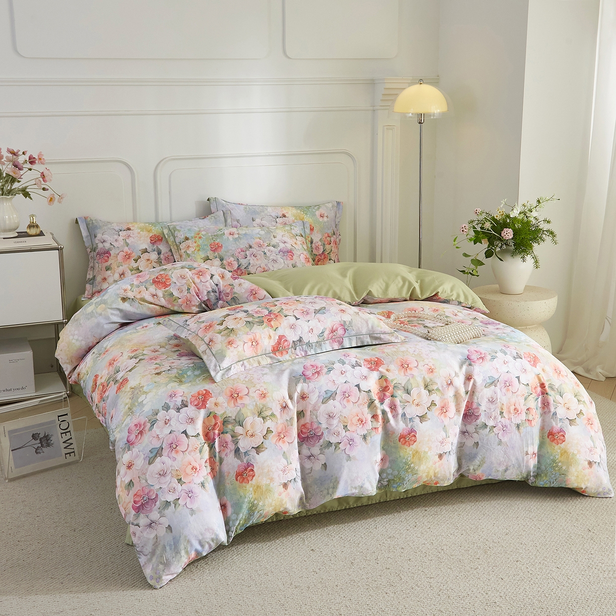 91家纺网 家纺一手货源 找家纺 锦彩家居 2026新款全棉纯棉印花60支贡缎新疆长绒棉四件套-山月记系列 绿笙