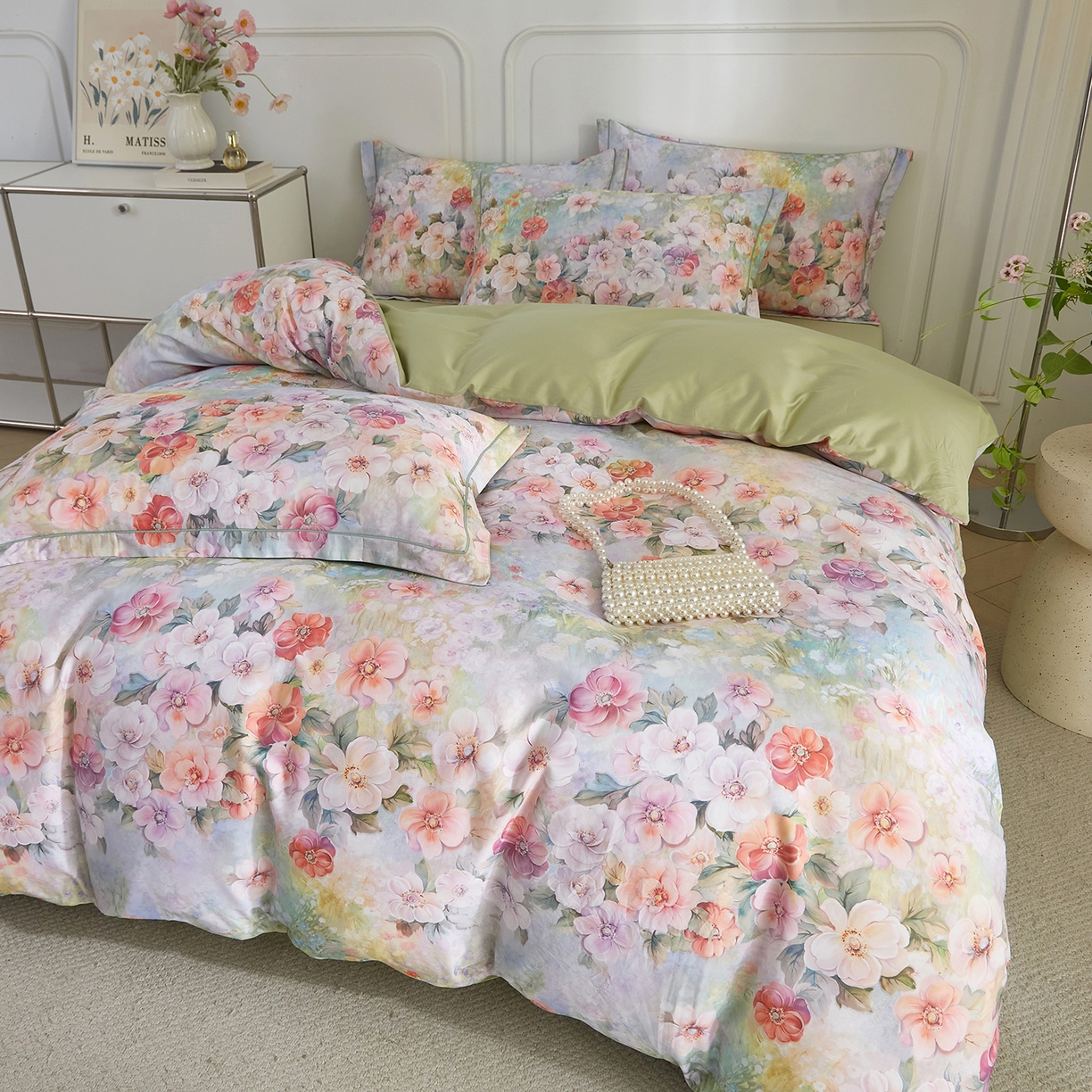 91家纺网 家纺一手货源 找家纺 锦彩家居 2026新款全棉纯棉印花60支贡缎新疆长绒棉四件套-山月记系列 绿笙