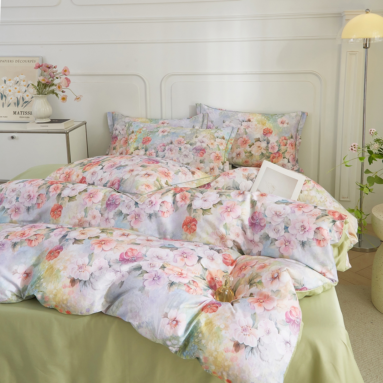 91家纺网 家纺一手货源 找家纺 锦彩家居 2026新款全棉纯棉印花60支贡缎新疆长绒棉四件套-山月记系列 绿笙