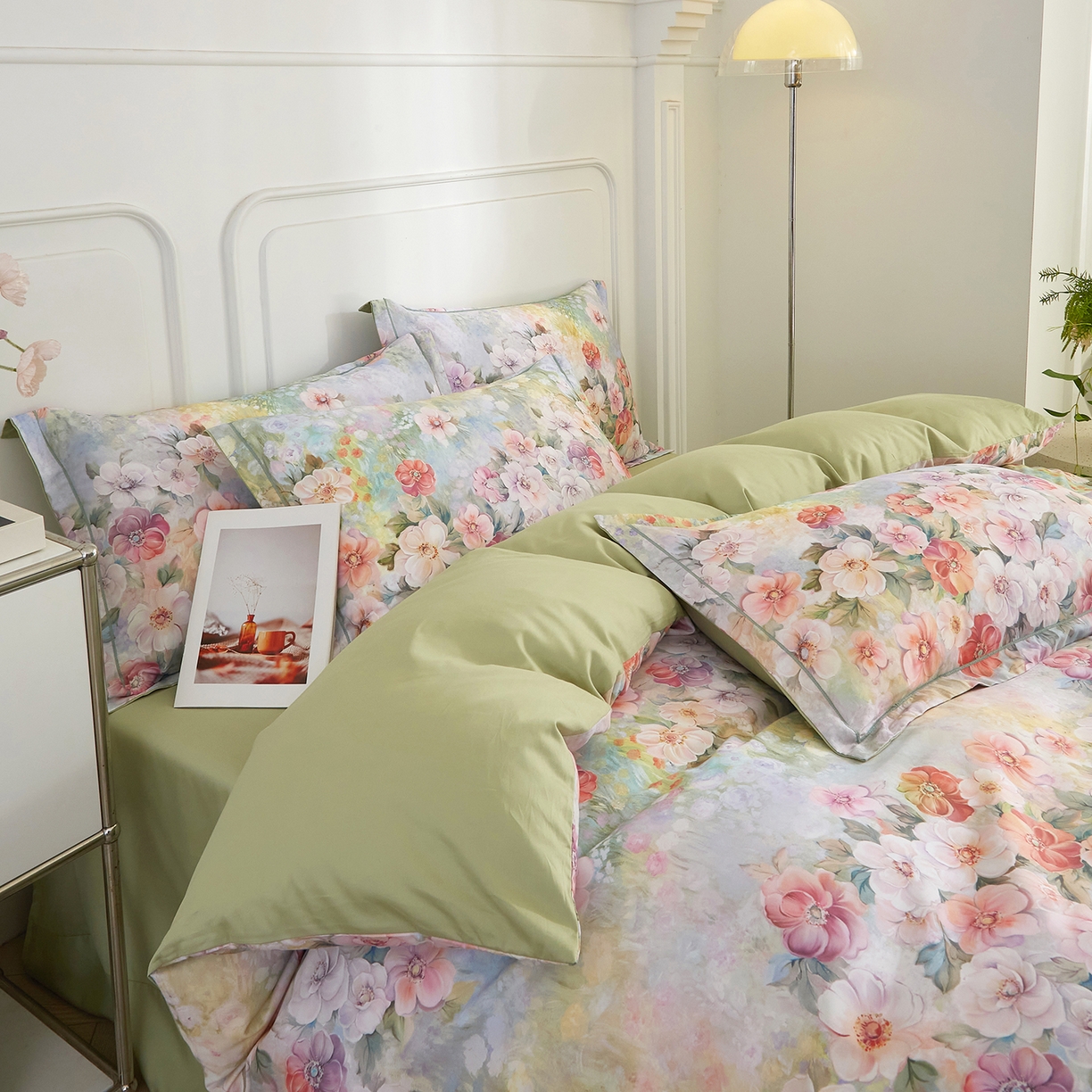 91家纺网 家纺一手货源 找家纺 锦彩家居 2026新款全棉纯棉印花60支贡缎新疆长绒棉四件套-山月记系列 绿笙