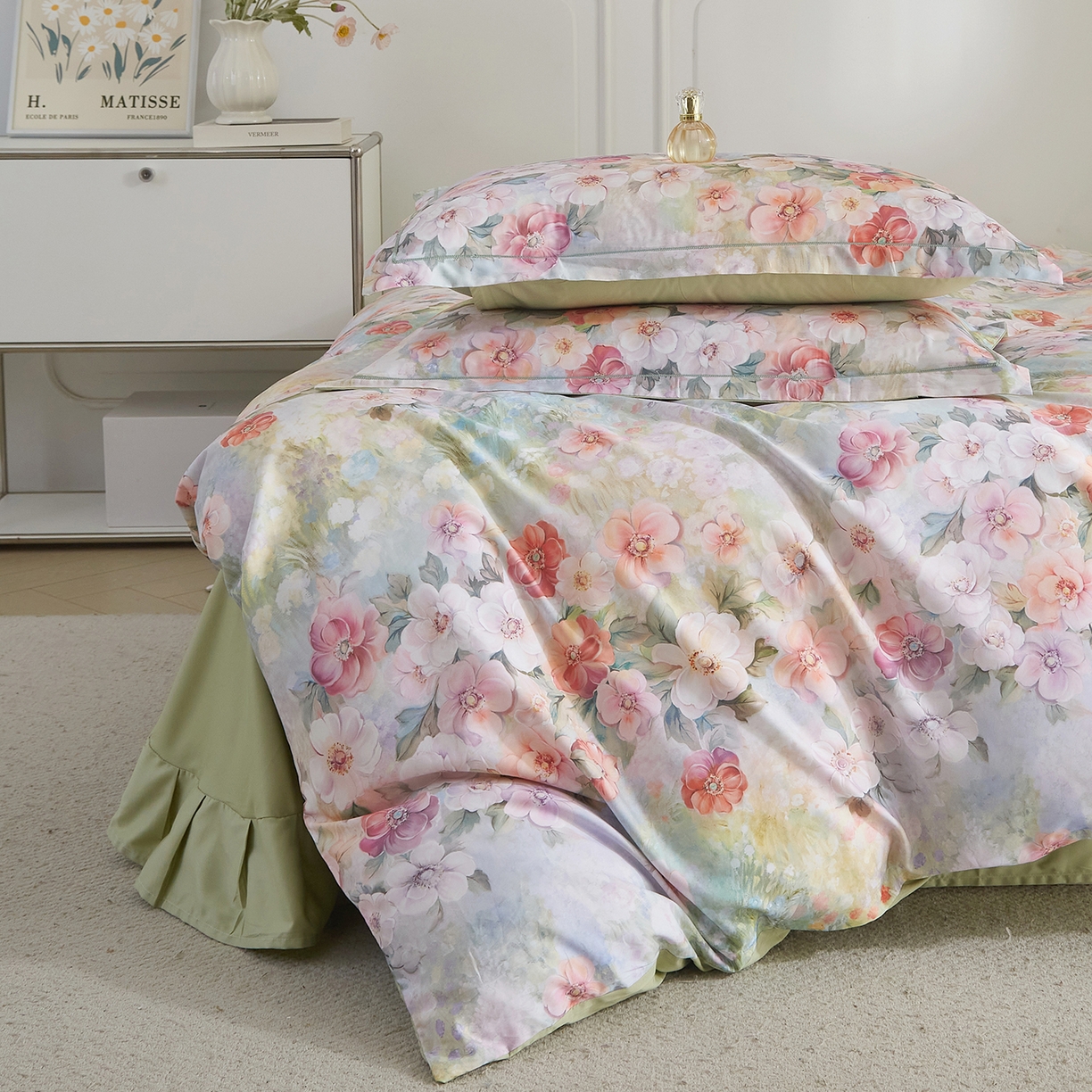 91家纺网 家纺一手货源 找家纺 锦彩家居 2026新款全棉纯棉印花60支贡缎新疆长绒棉四件套-山月记系列 绿笙