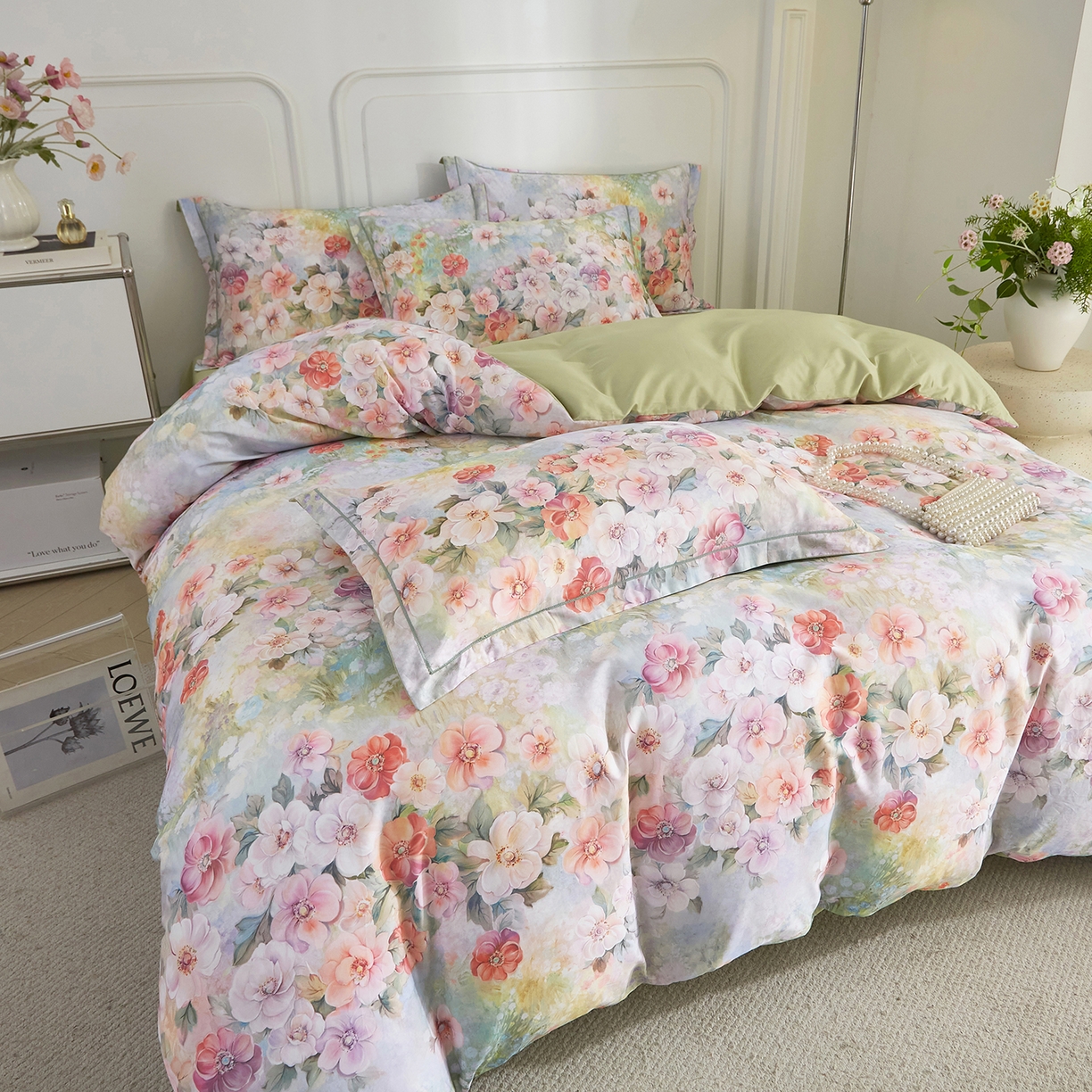 91家纺网 家纺一手货源 找家纺 锦彩家居 2026新款全棉纯棉印花60支贡缎新疆长绒棉四件套-山月记系列 绿笙