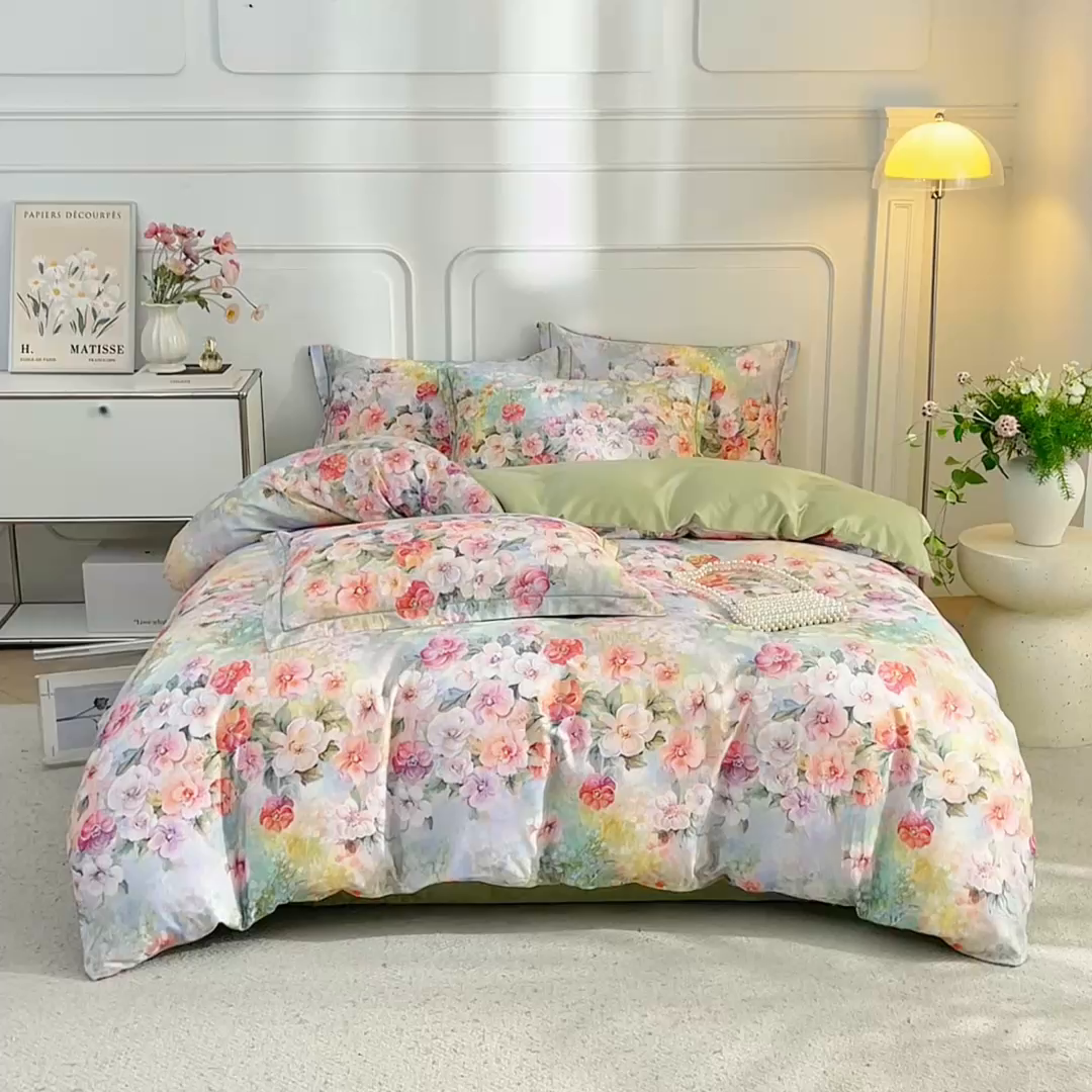 91家纺网 家纺一手货源 找家纺 锦彩家居 2026新款全棉纯棉印花60支贡缎新疆长绒棉四件套-山月记系列 绿笙