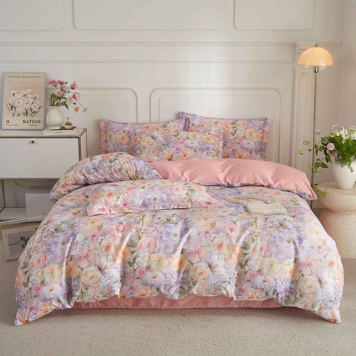 91家纺网 家纺一手货源 找家纺 锦彩家居 2026新款全棉纯棉印花60支贡缎新疆长绒棉四件套-山月记系列 浅春