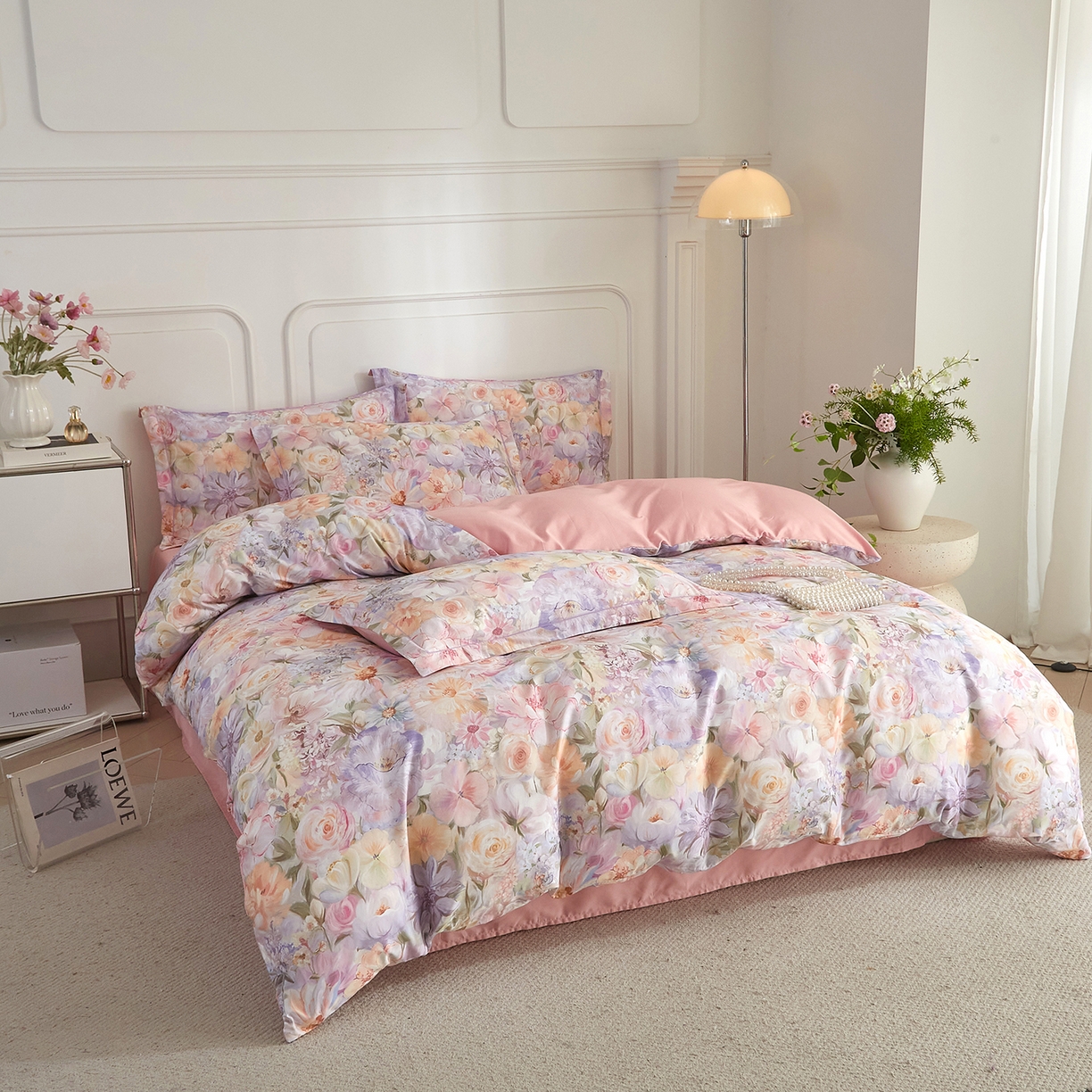 91家纺网 家纺一手货源 找家纺 锦彩家居 2026新款全棉纯棉印花60支贡缎新疆长绒棉四件套-山月记系列 浅春