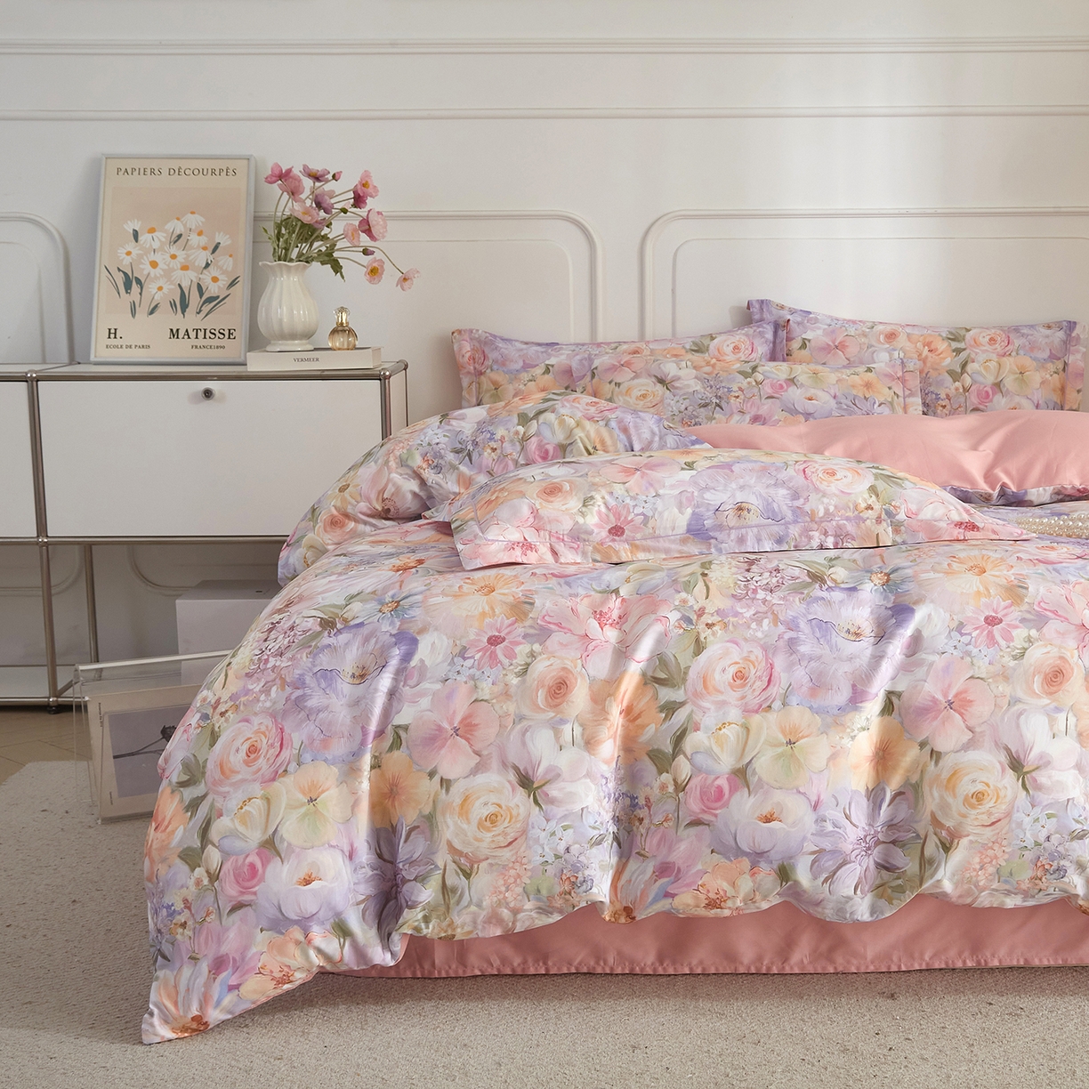 91家纺网 家纺一手货源 找家纺 锦彩家居 2026新款全棉纯棉印花60支贡缎新疆长绒棉四件套-山月记系列 浅春