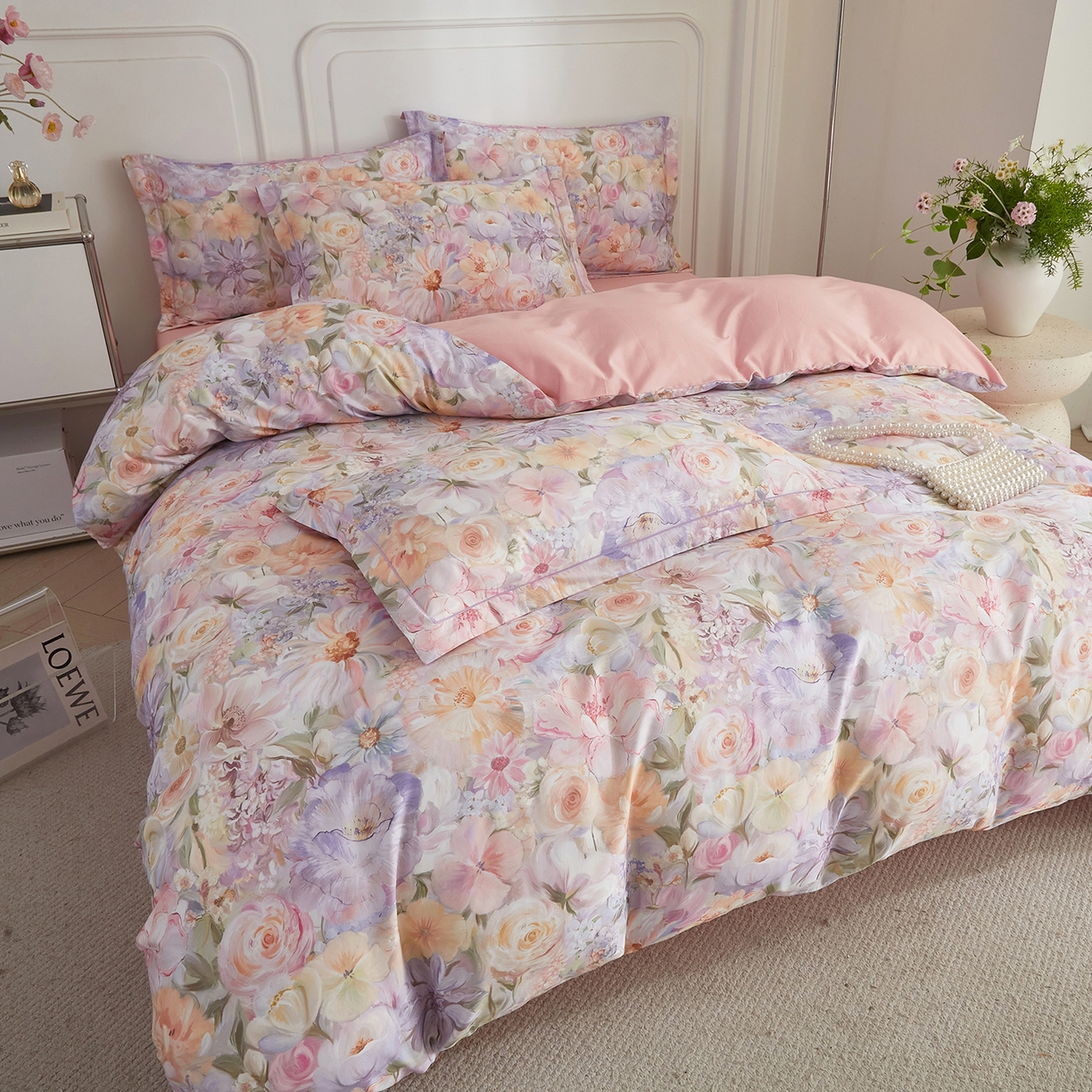 91家纺网 家纺一手货源 找家纺 锦彩家居 2026新款全棉纯棉印花60支贡缎新疆长绒棉四件套-山月记系列 浅春