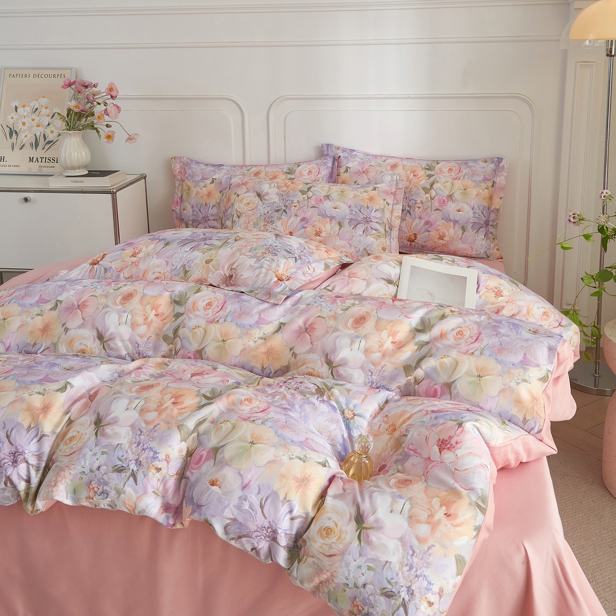 91家纺网 家纺一手货源 找家纺 锦彩家居 2026新款全棉纯棉印花60支贡缎新疆长绒棉四件套-山月记系列 浅春