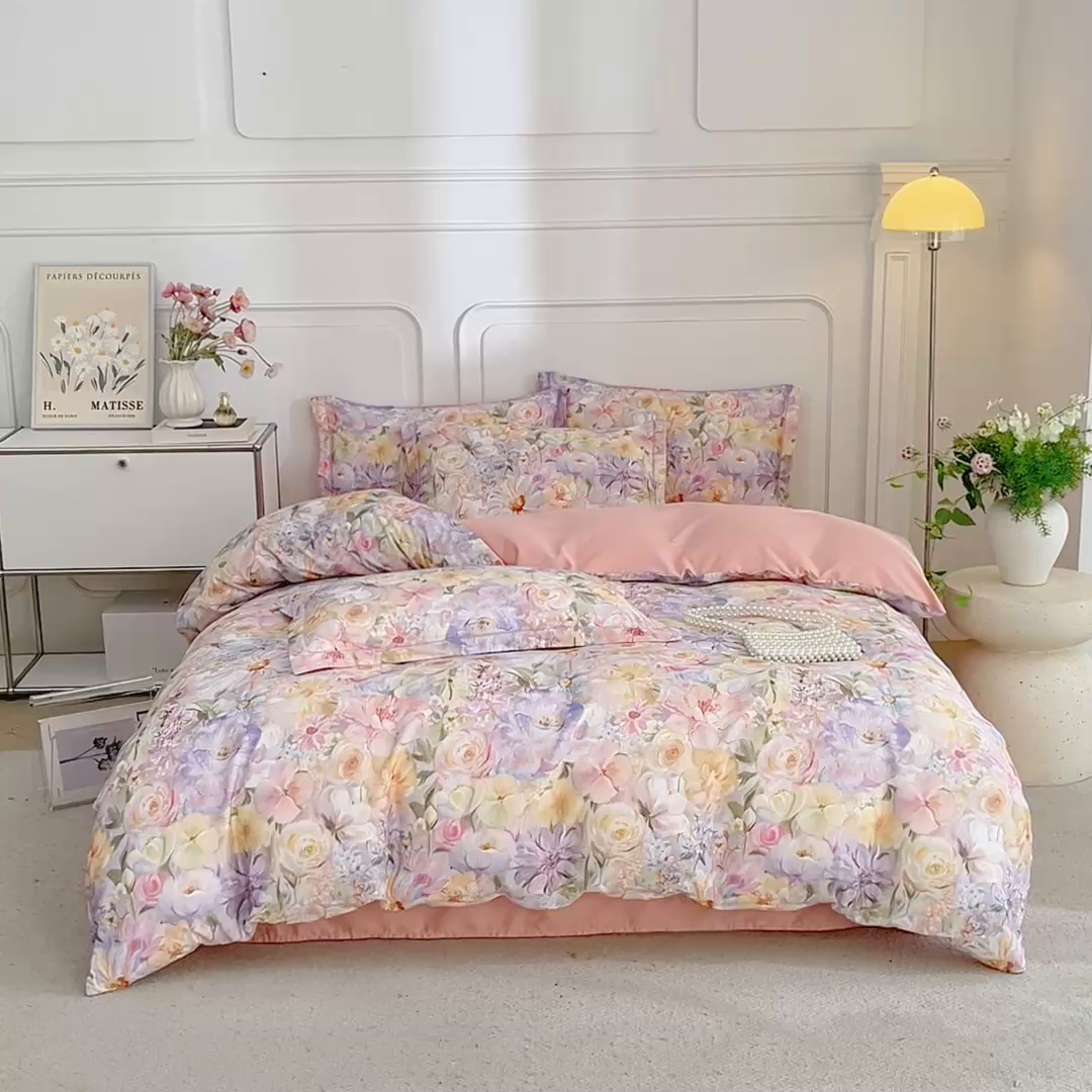 91家纺网 家纺一手货源 找家纺 锦彩家居 2026新款全棉纯棉印花60支贡缎新疆长绒棉四件套-山月记系列 浅春