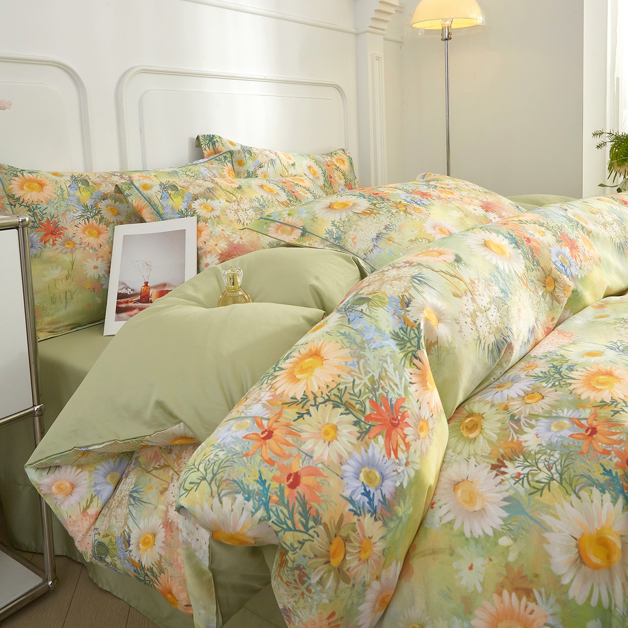 锦彩家居 2026新款全棉纯棉印花60支贡缎新疆长绒棉四件套-山月记系列 青苒