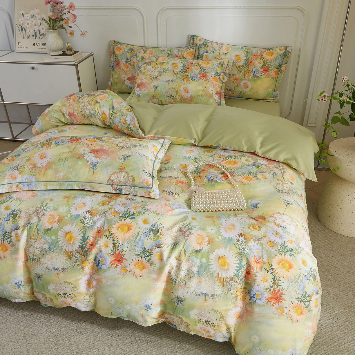 91家纺网 家纺一手货源 找家纺 锦彩家居 2026新款全棉纯棉印花60支贡缎新疆长绒棉四件套-山月记系列 青苒