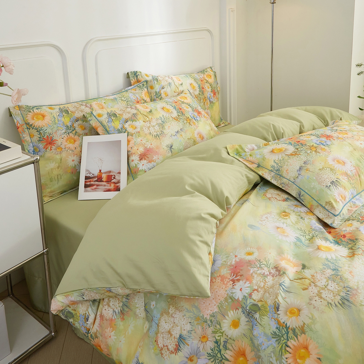 91家纺网 家纺一手货源 找家纺 锦彩家居 2026新款全棉纯棉印花60支贡缎新疆长绒棉四件套-山月记系列 青苒