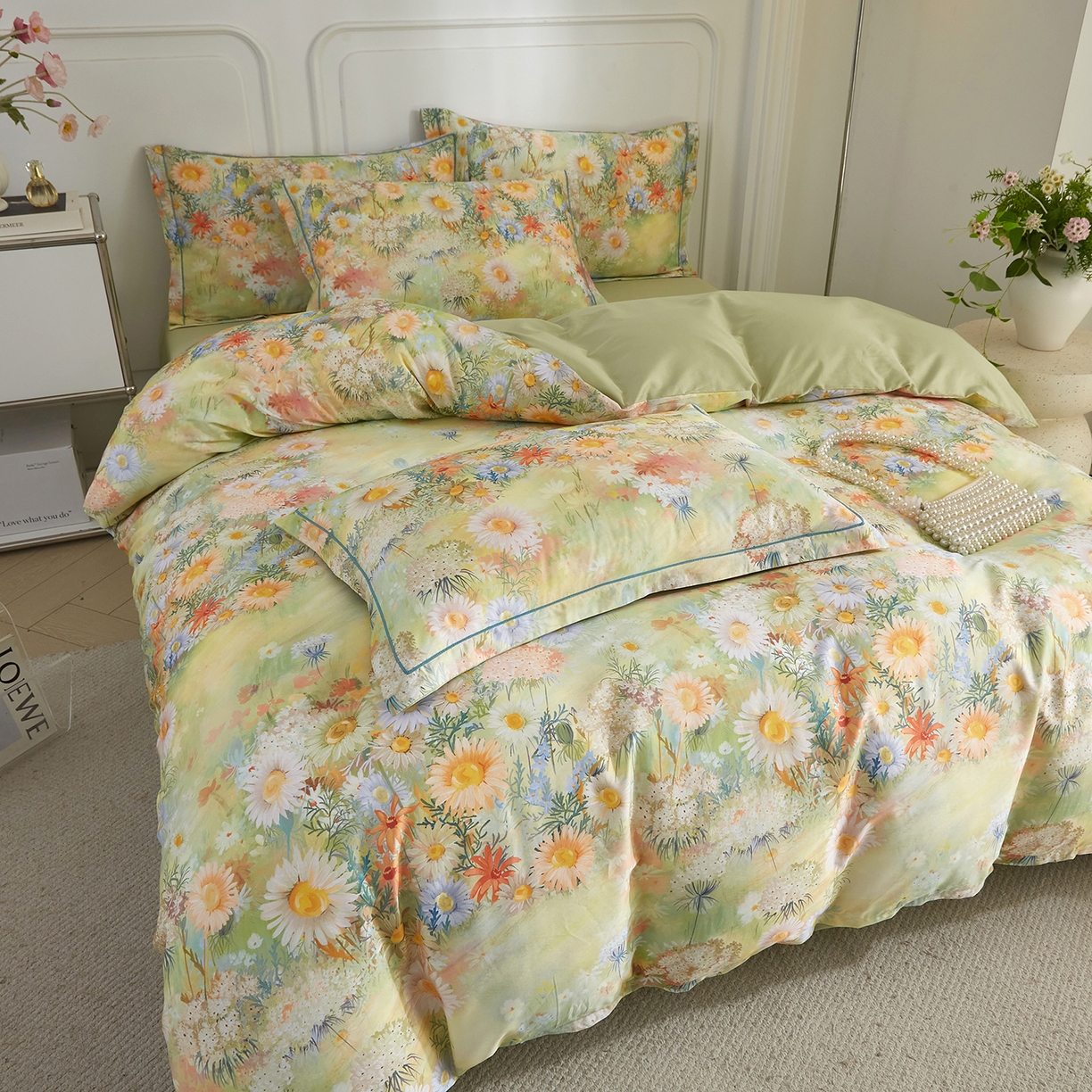 91家纺网 家纺一手货源 找家纺 锦彩家居 2026新款全棉纯棉印花60支贡缎新疆长绒棉四件套-山月记系列 青苒