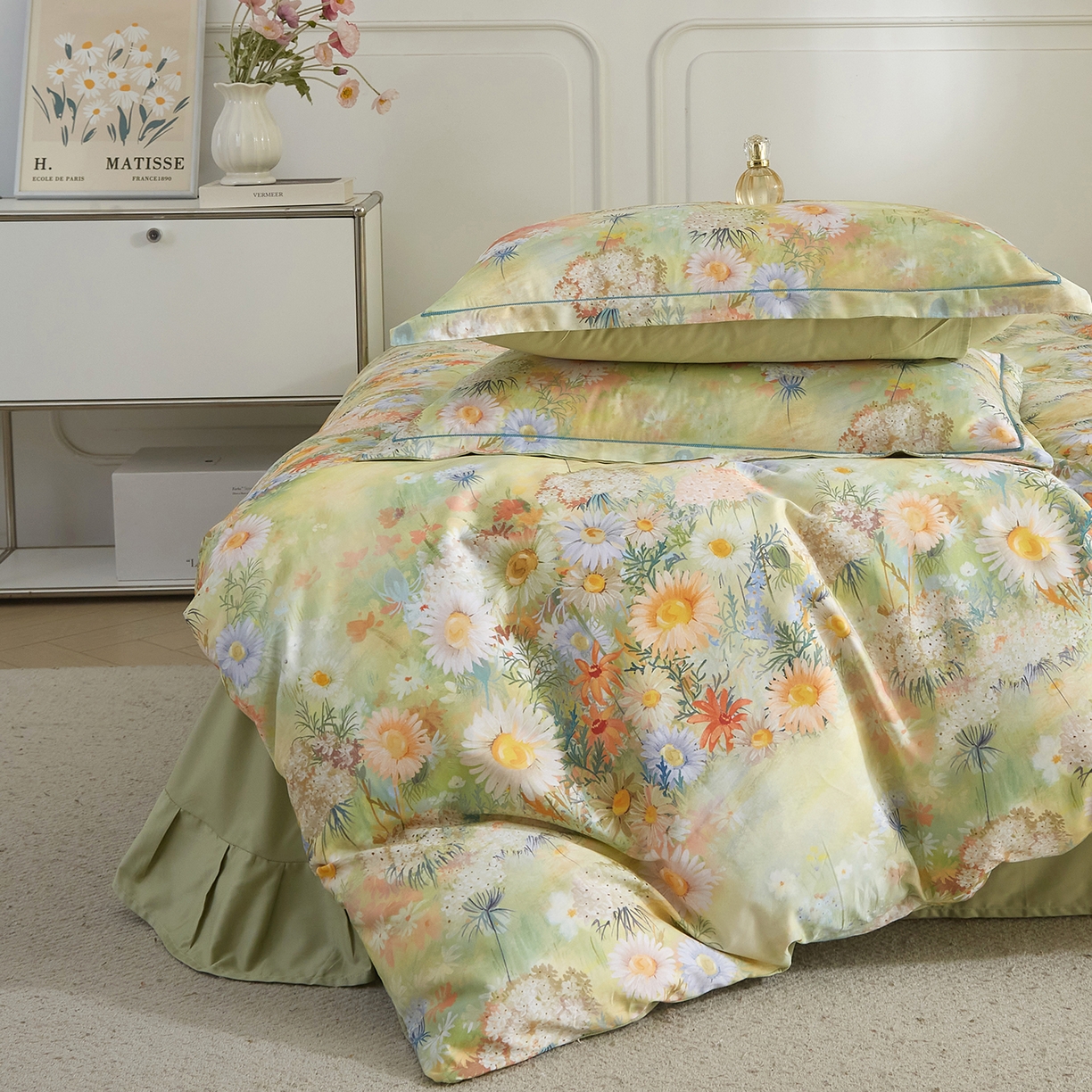 91家纺网 家纺一手货源 找家纺 锦彩家居 2026新款全棉纯棉印花60支贡缎新疆长绒棉四件套-山月记系列 青苒